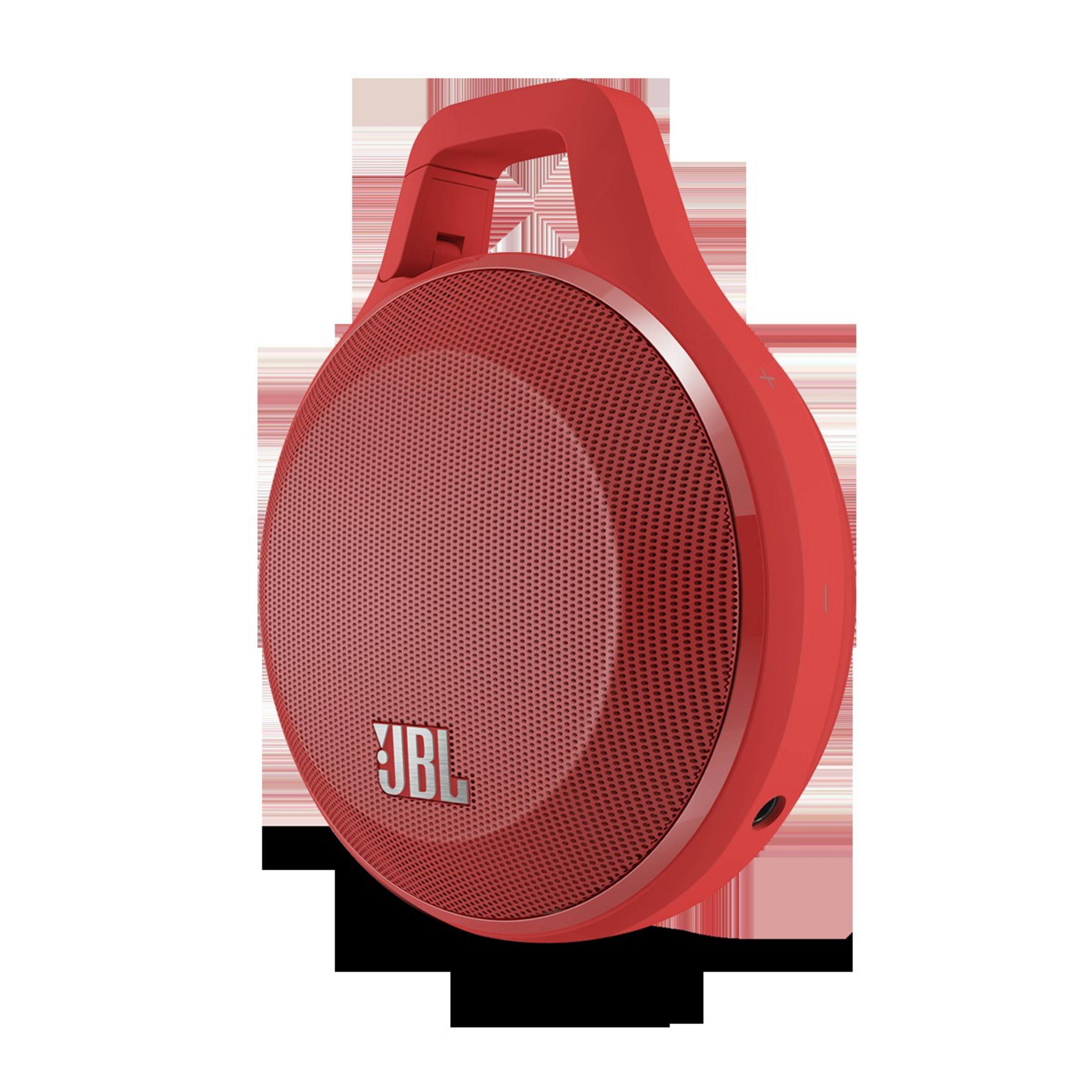 Roter JBL-Lautsprecher mit Tragegriff und Lautstärke-Tasten.
