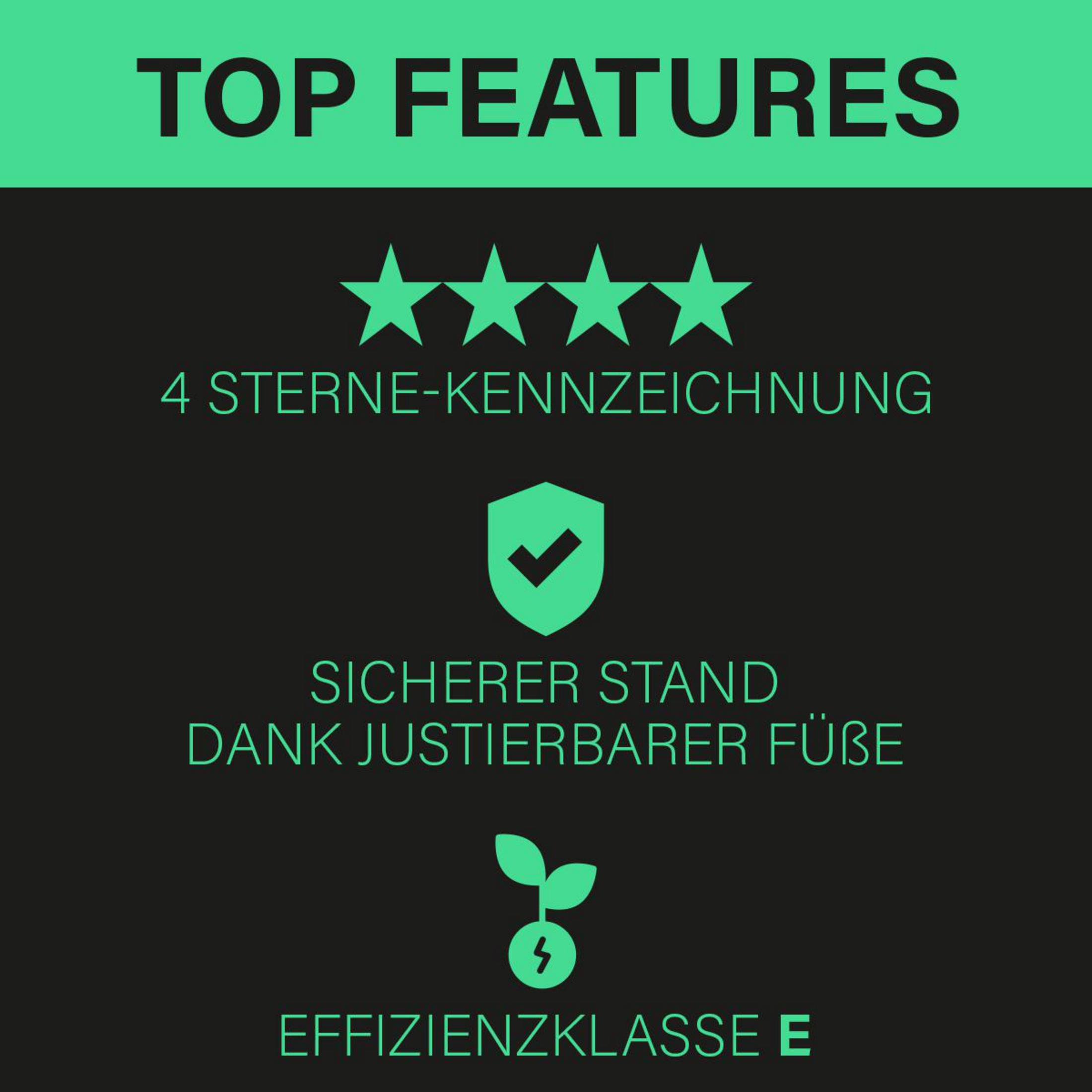 Top Features: 4 Sterne, sicherer Stand, Effizienzklasse E.