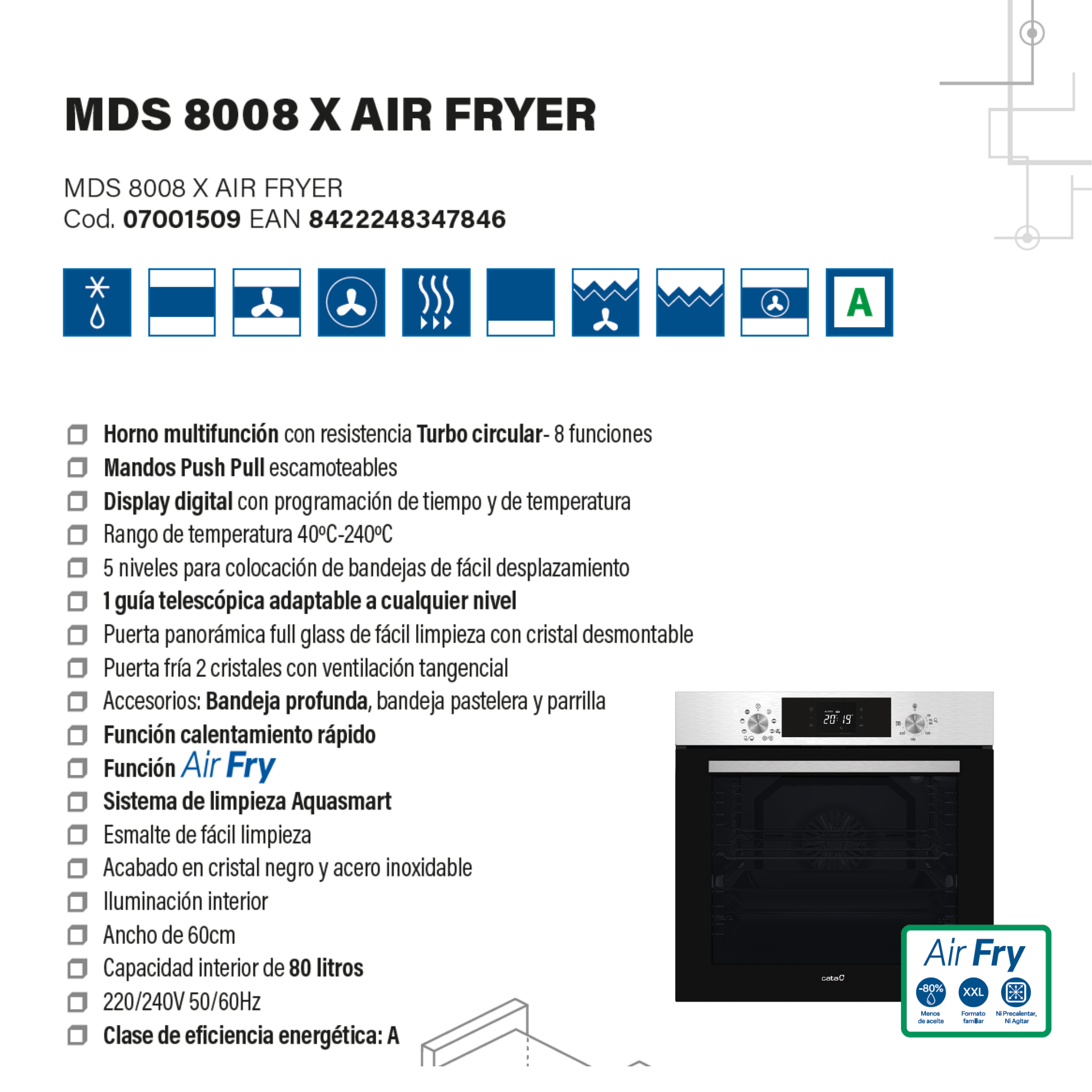 Horno integrable de acero inoxidable con pantalla digital y función Air Fry.