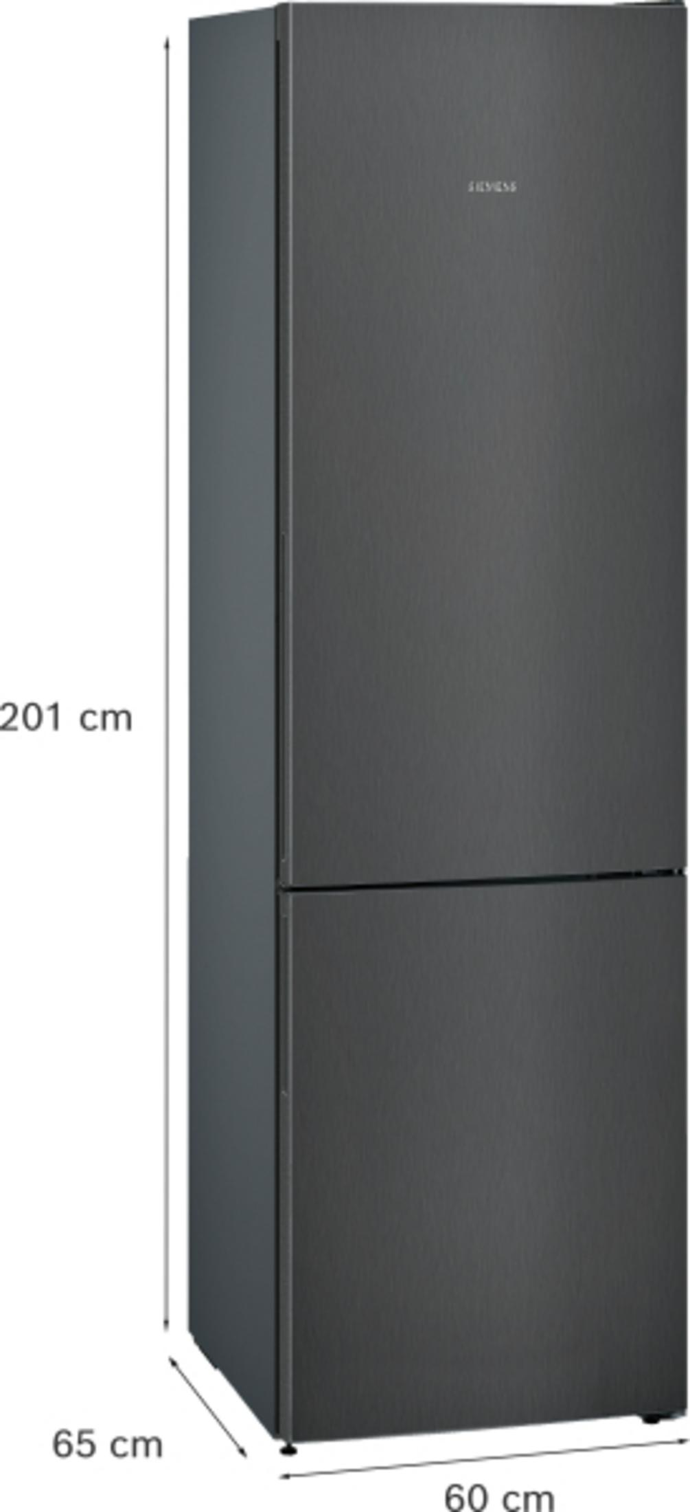 Un frigorifero grigio scuro a due porte, dimensioni 201x65x60 cm.