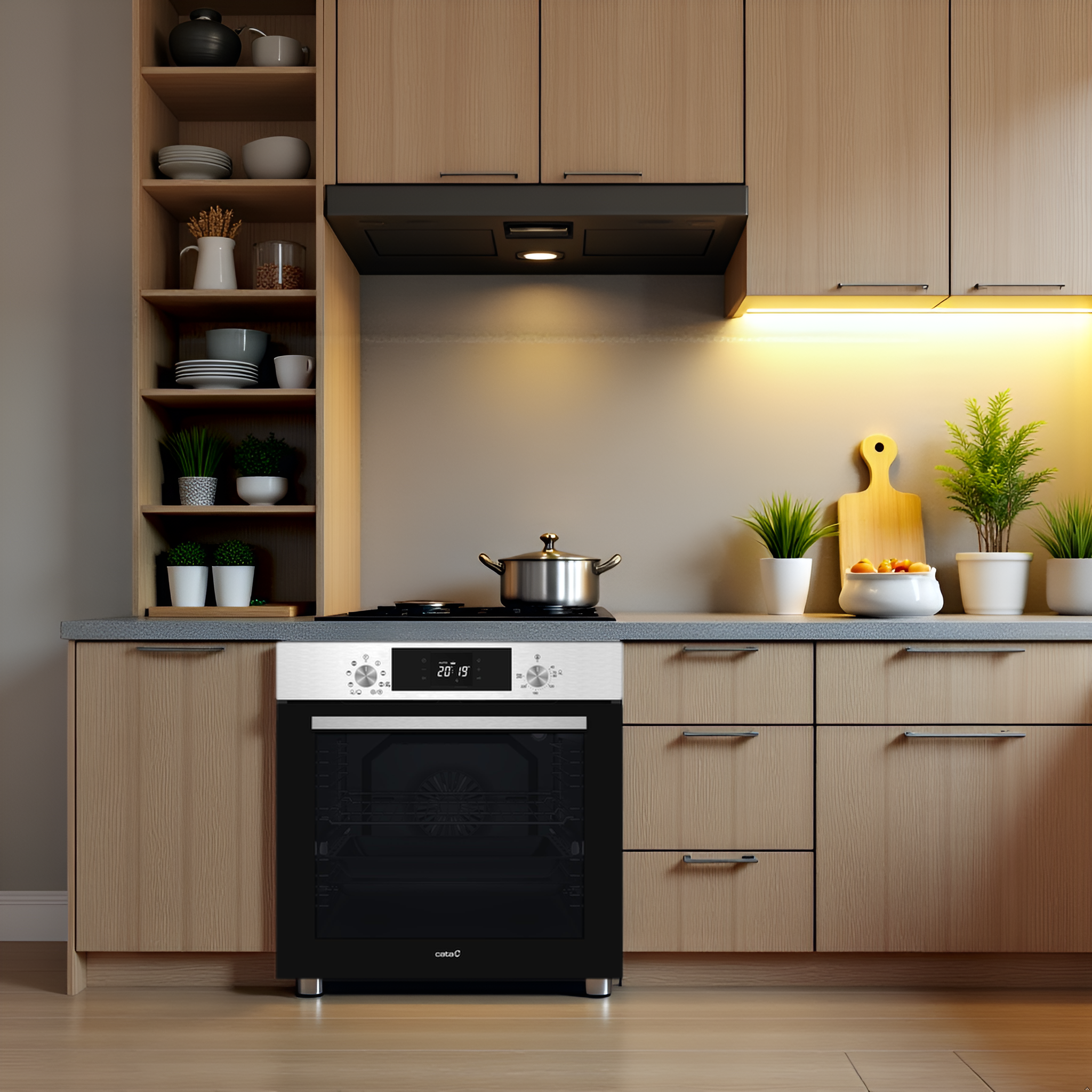 Cocina moderna con gabinetes de madera, horno y olla en la estufa.
