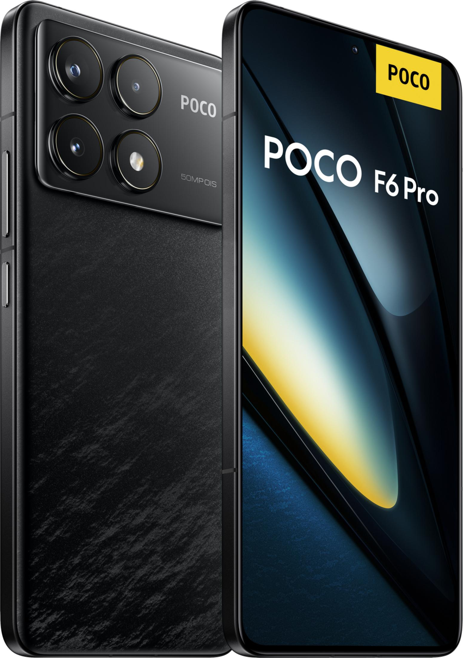 Czarny smartfon Poco F6 Pro z poczwórnym aparatem i logo Poco.
