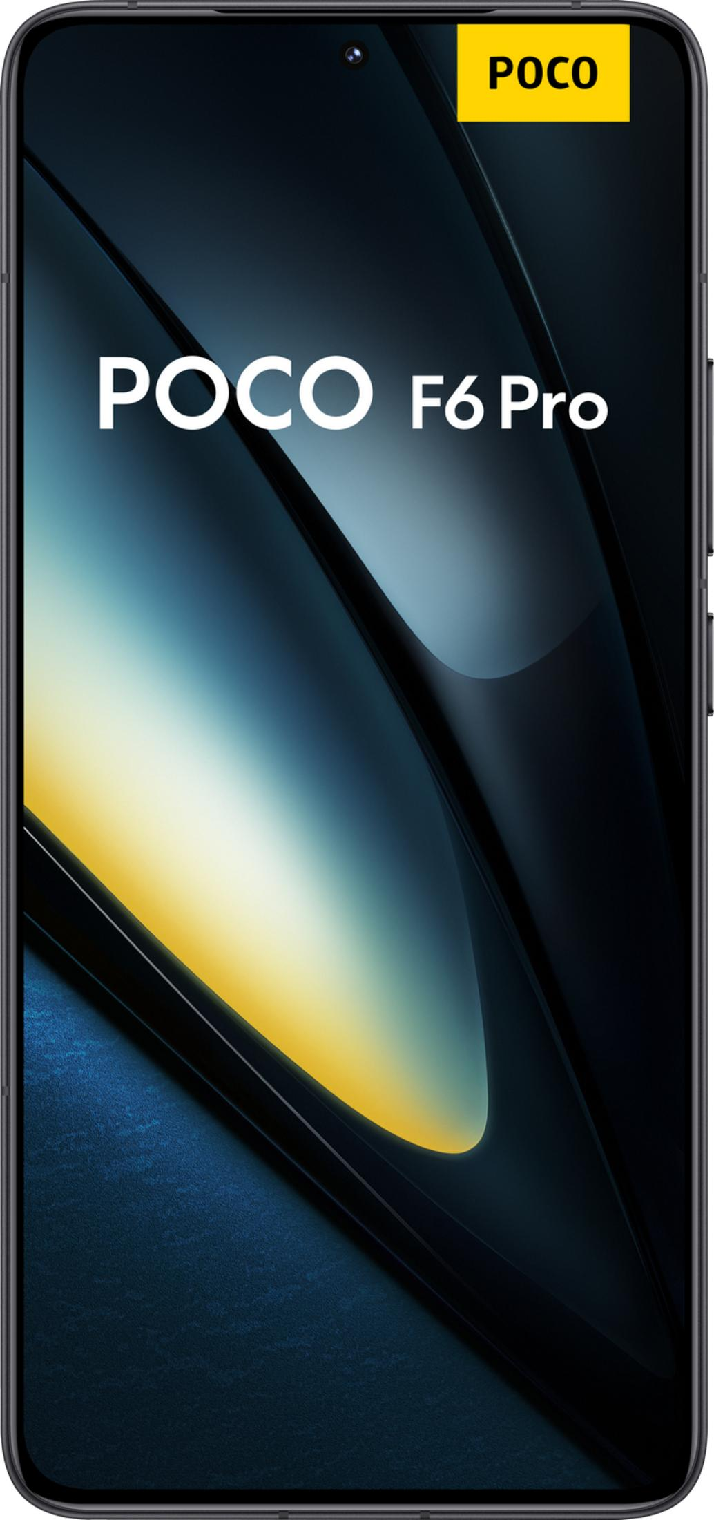 Ciemny smartfon z żółtym logo POCO w prawym górnym rogu. Napis POCO F6 Pro.