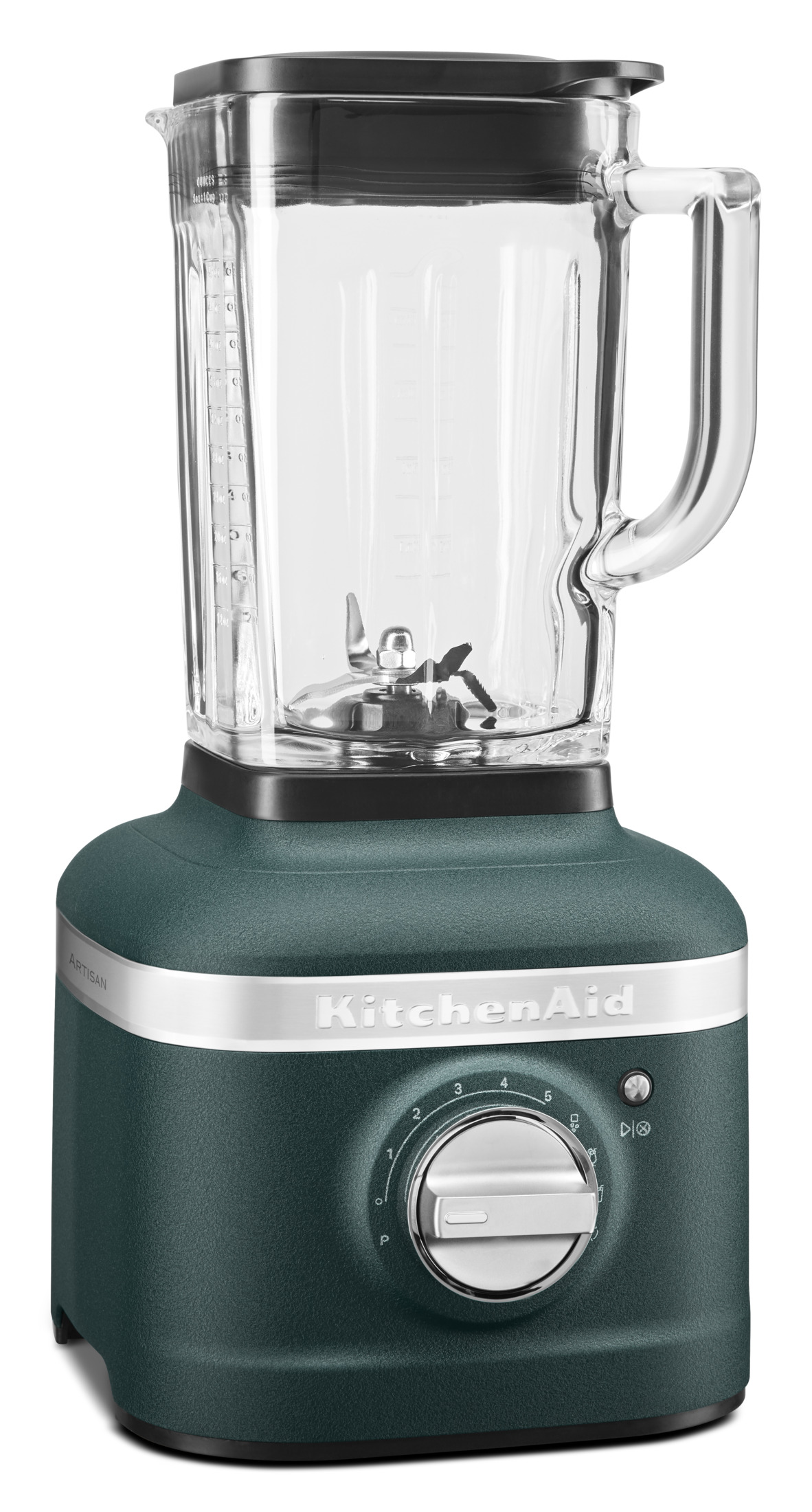 Ein dunkelgrüner KitchenAid-Standmixer mit Glasbehälter und silbernem Drehregler.