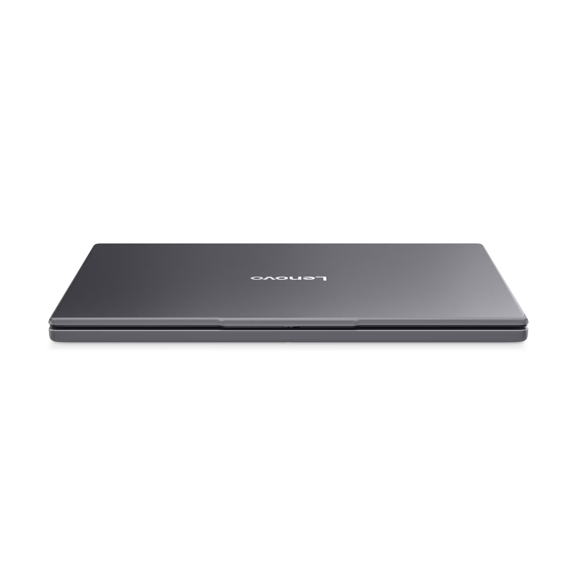 Kapalı gri Lenovo dizüstü bilgisayar, yandan görünüm.