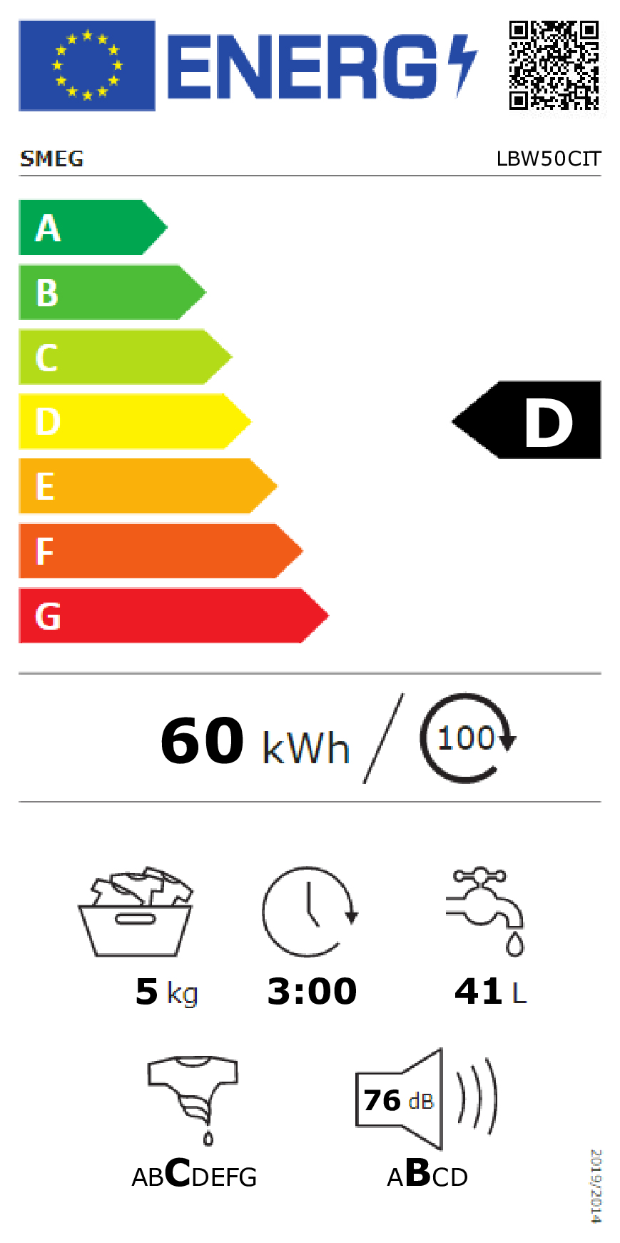 Étiquette énergétique lave-linge SMEG, classe D, 60 kWh/100 cycles, 5kg, 3:00h, 41L, 76dB.