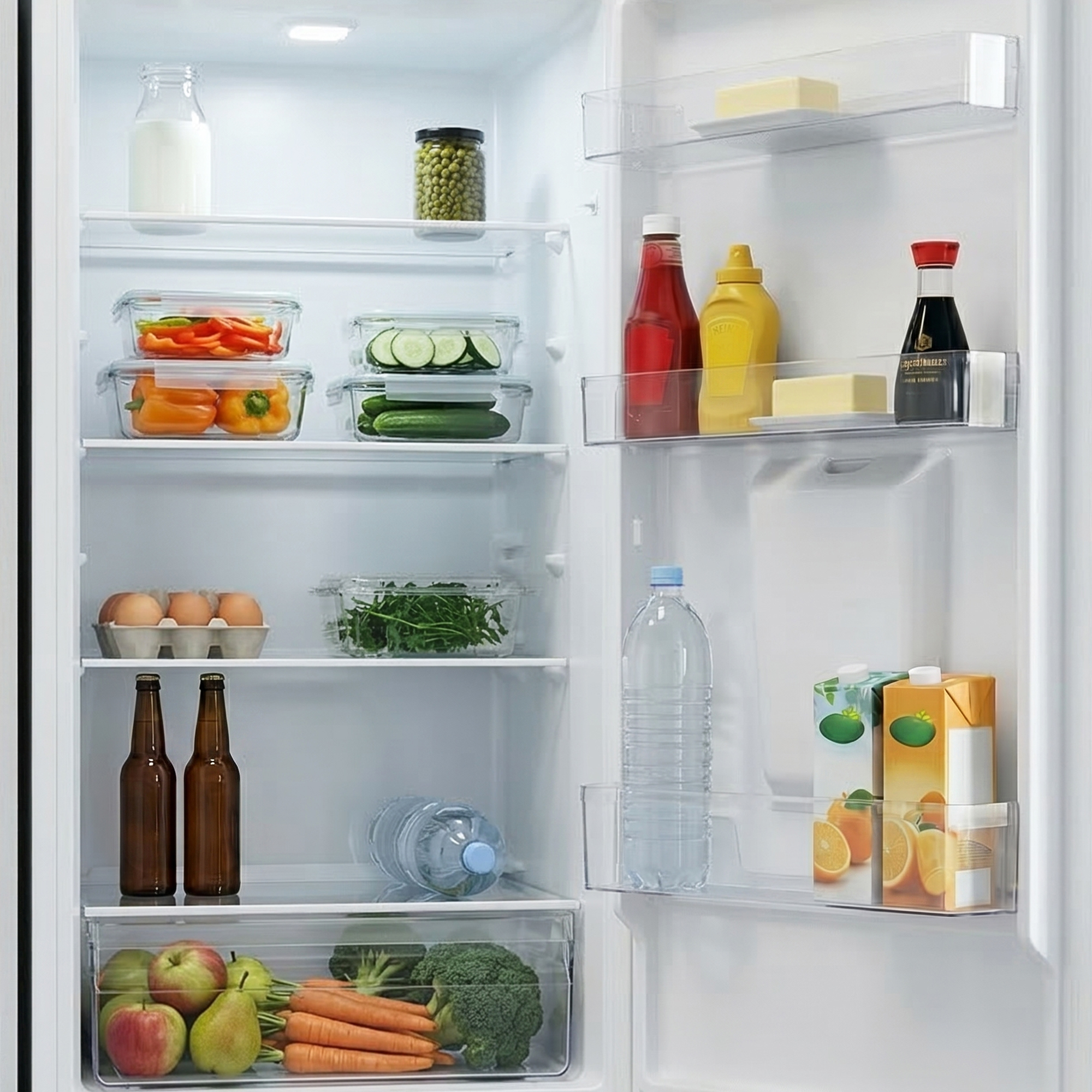 Offener Kühlschrank mit Milch, Gemüse, Eiern, Getränken und Obst.