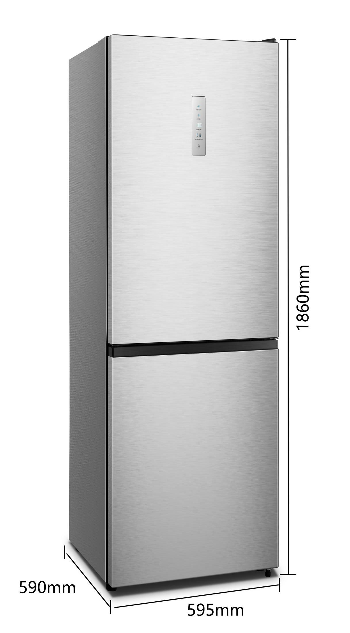 Un refrigerador plateado con pantalla digital en la puerta superior. Dimensiones: 1860x595x590mm.