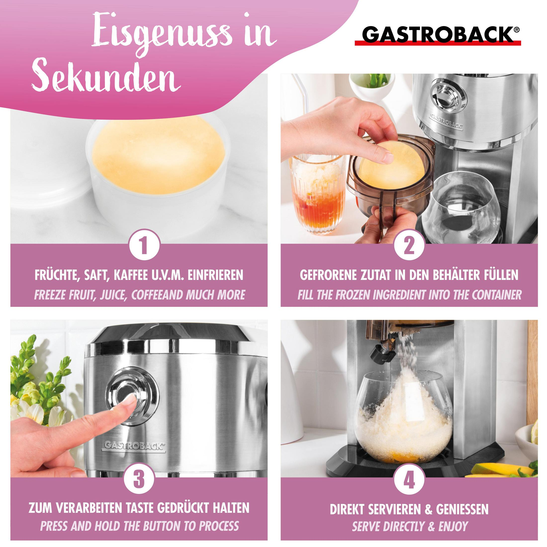Serie di immagini mostra la preparazione del gelato con una macchina Gastroback.
