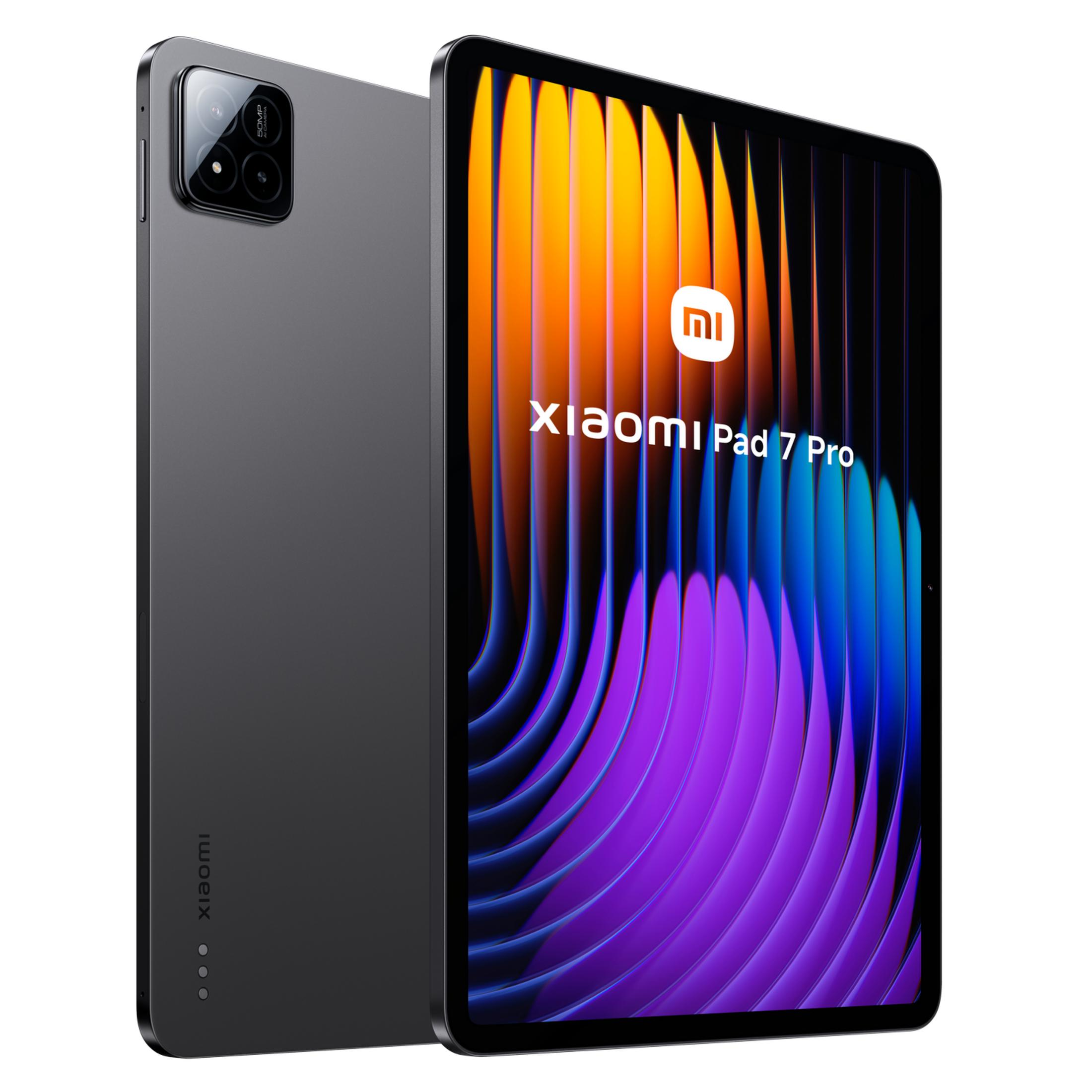 Ein graues Xiaomi Pad 7 Pro mit Kameramodul und buntem Bildschirm.