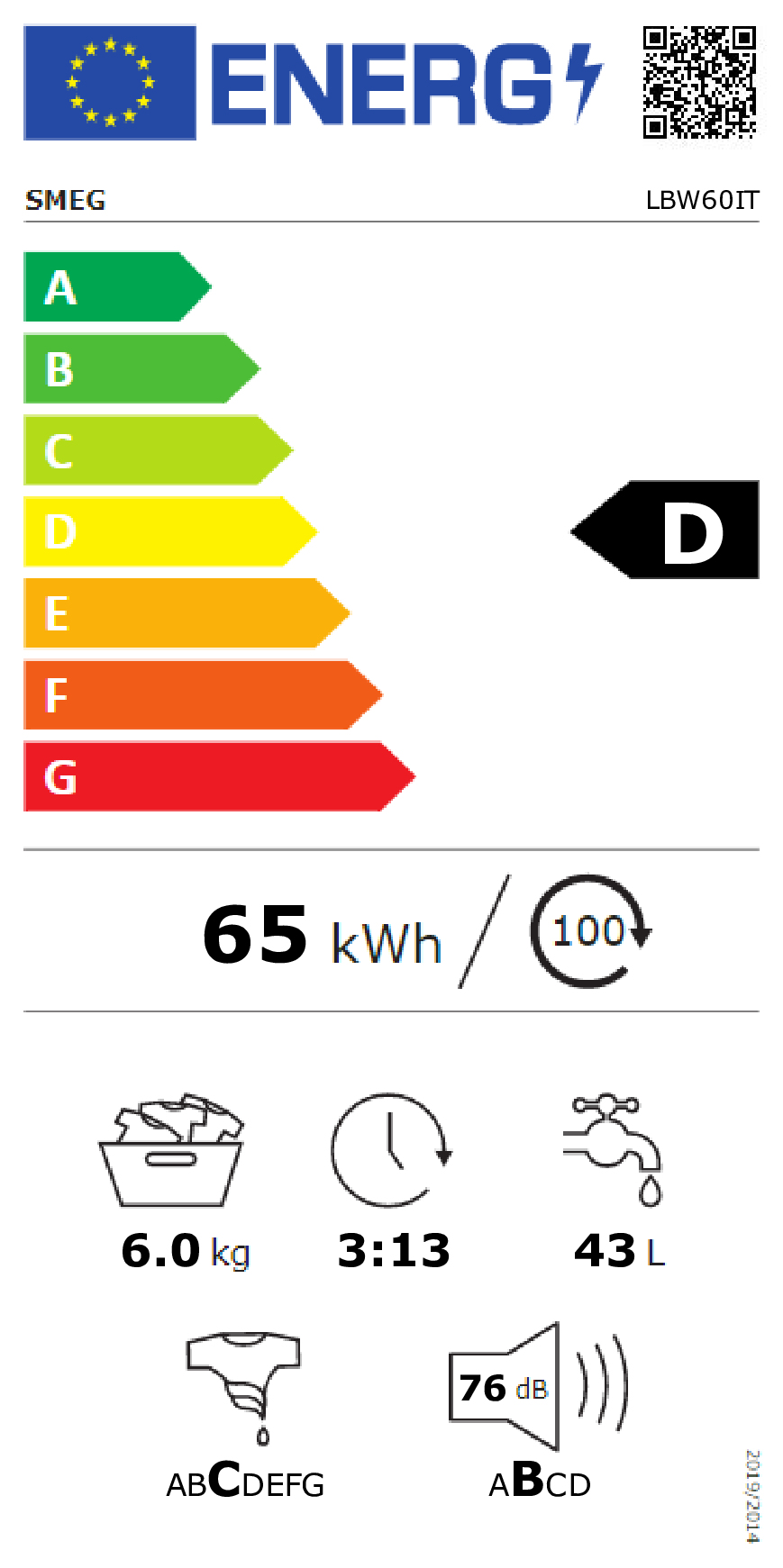 Etichetta efficienza energetica classe D, 65 kWh/100 cicli, 6 kg, 3:13 ore, 43 L, 76 dB.