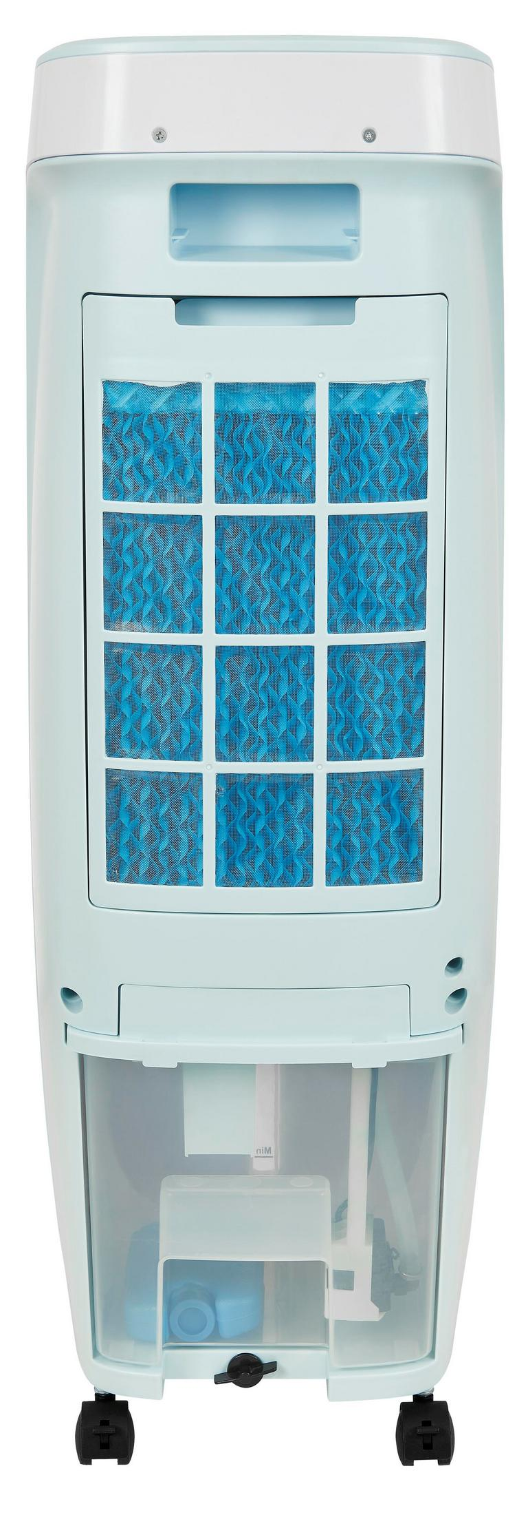 Hellblaue Klimaanlage mit blauem Wabenfilter und Wassertank.