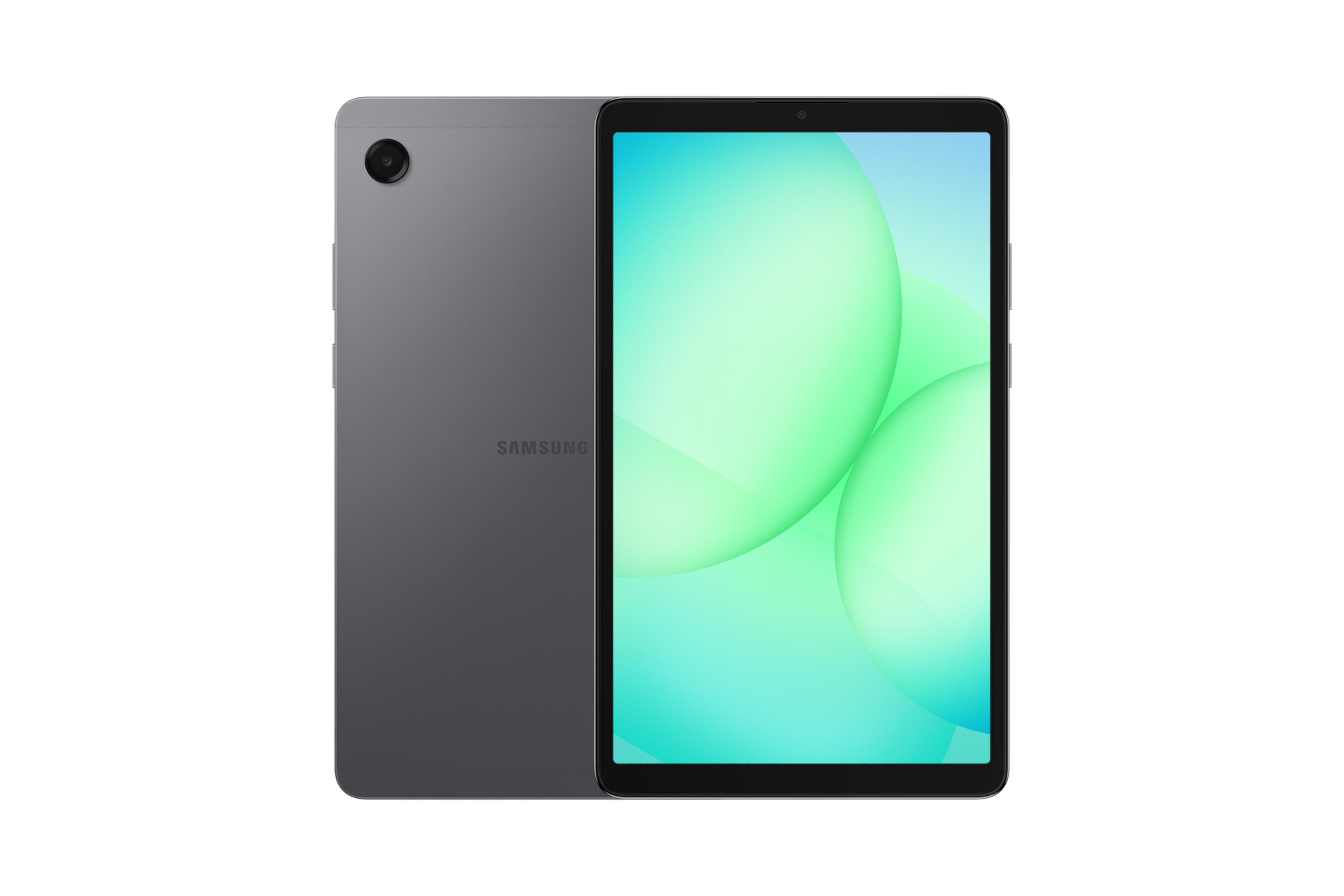 Grijze Samsung tablet met camera achter en helder scherm voor.