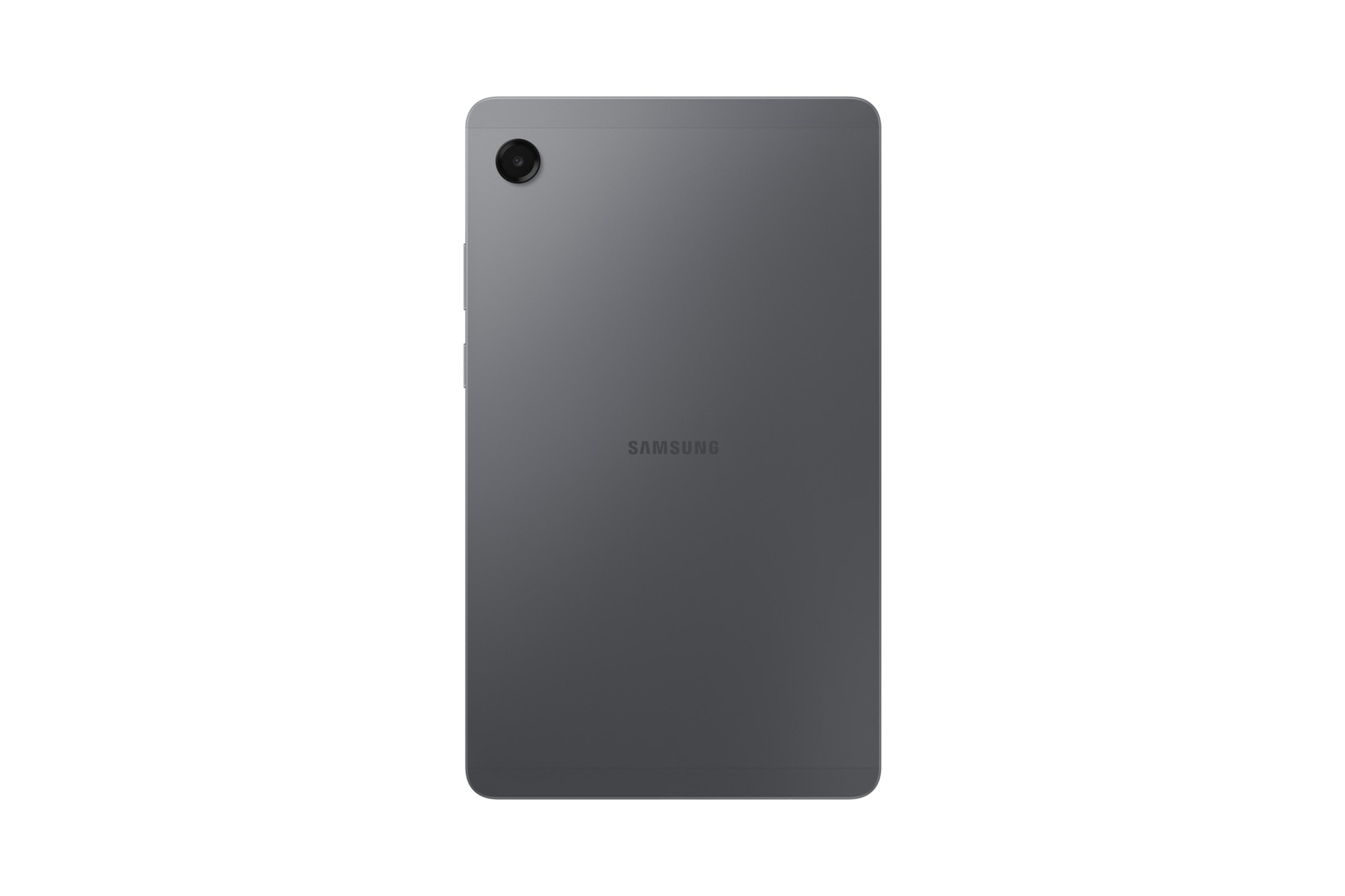Achterkant van een grijze Samsung tablet met cameralens linksboven.