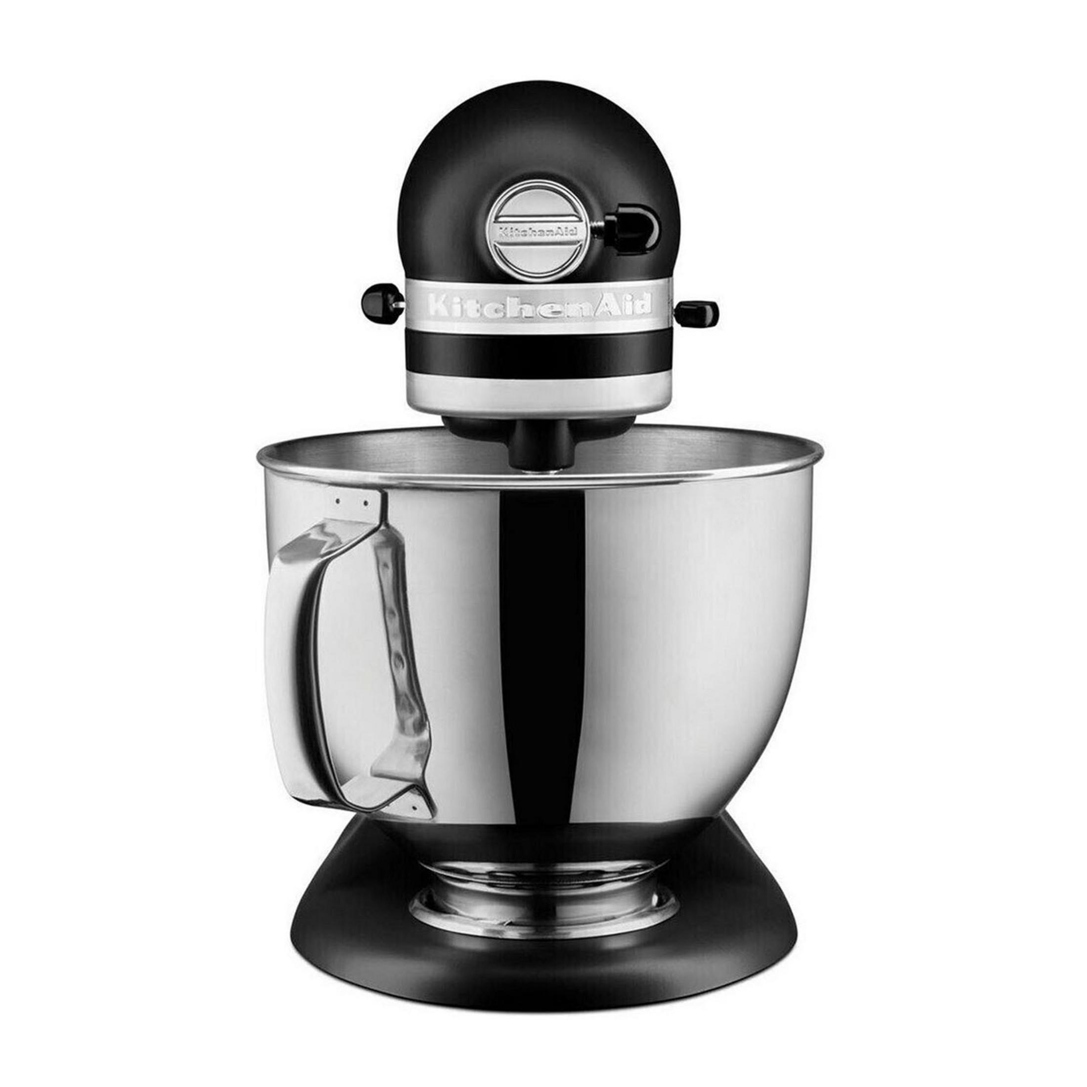 Schwarzer KitchenAid-Standmixer mit Edelstahlschüssel.