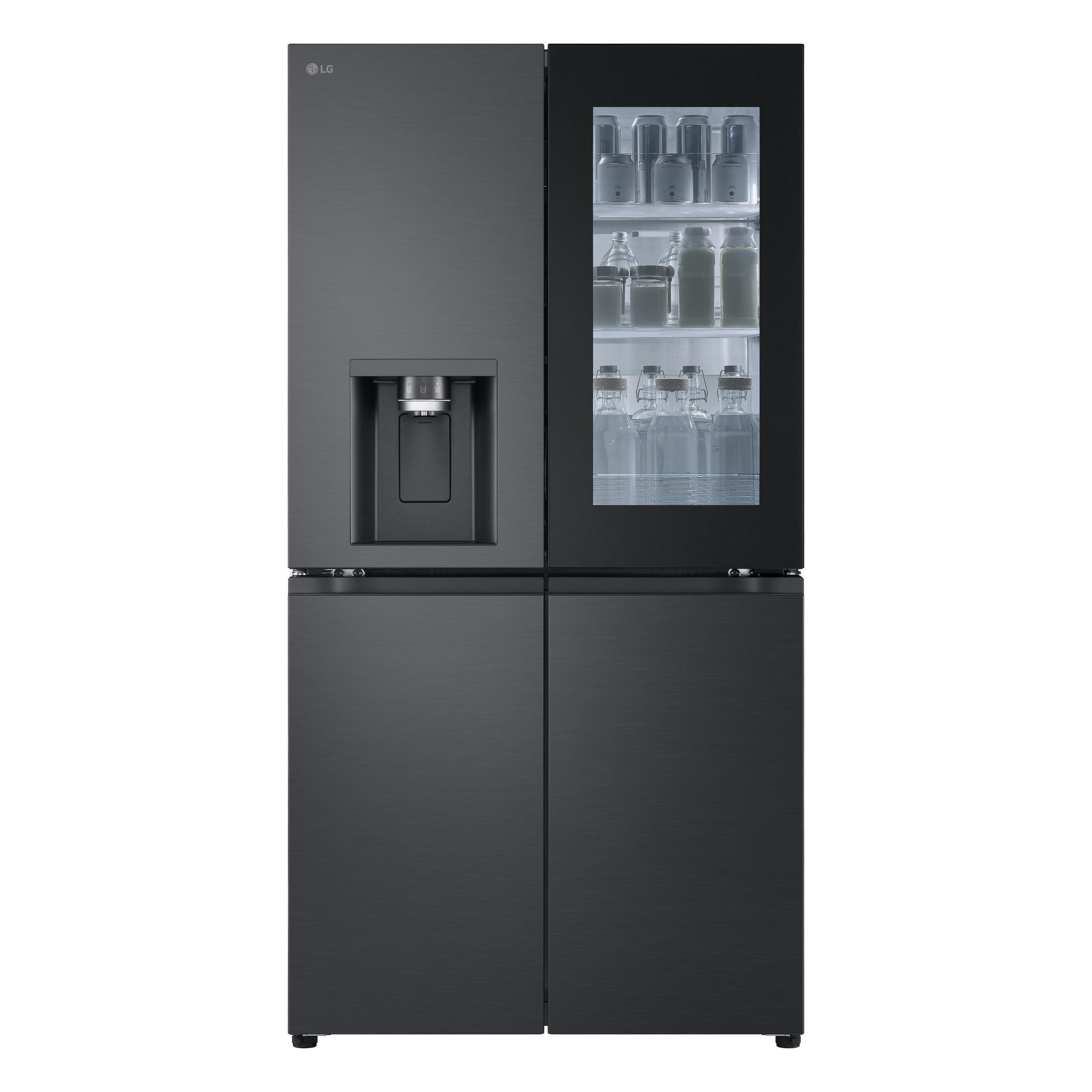 Ein schwarzer LG Kühlschrank mit vier Türen, einem Wasserspender und einem Glasfenster.