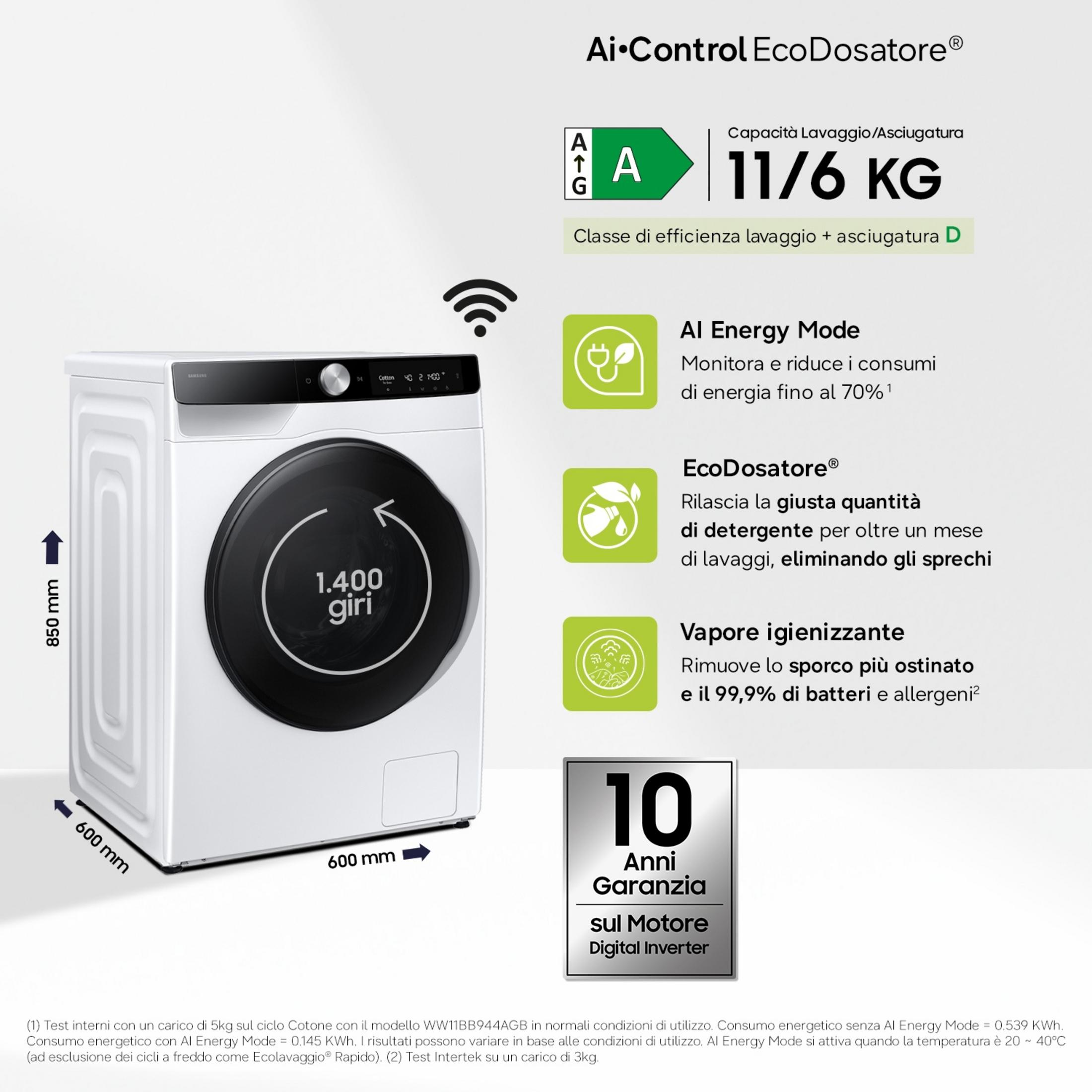 Une machine à laver blanche avec porte noire, classe énergétique A, capacité 11/6 kg, 1400 tr/min.