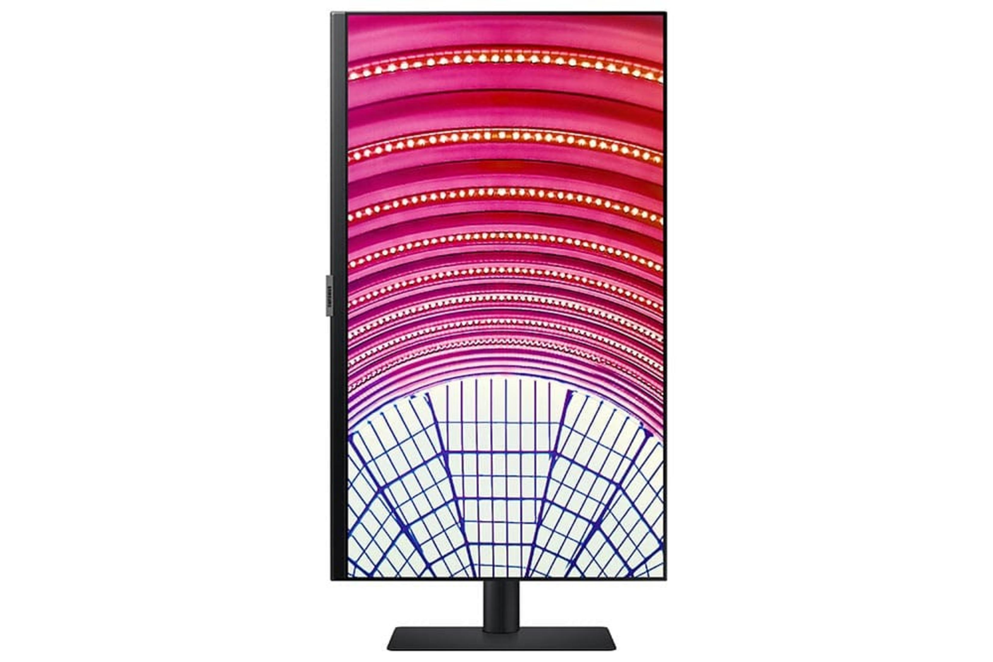 Un monitor negro con un patrón abstracto de círculos rojos y rosas en su pantalla.