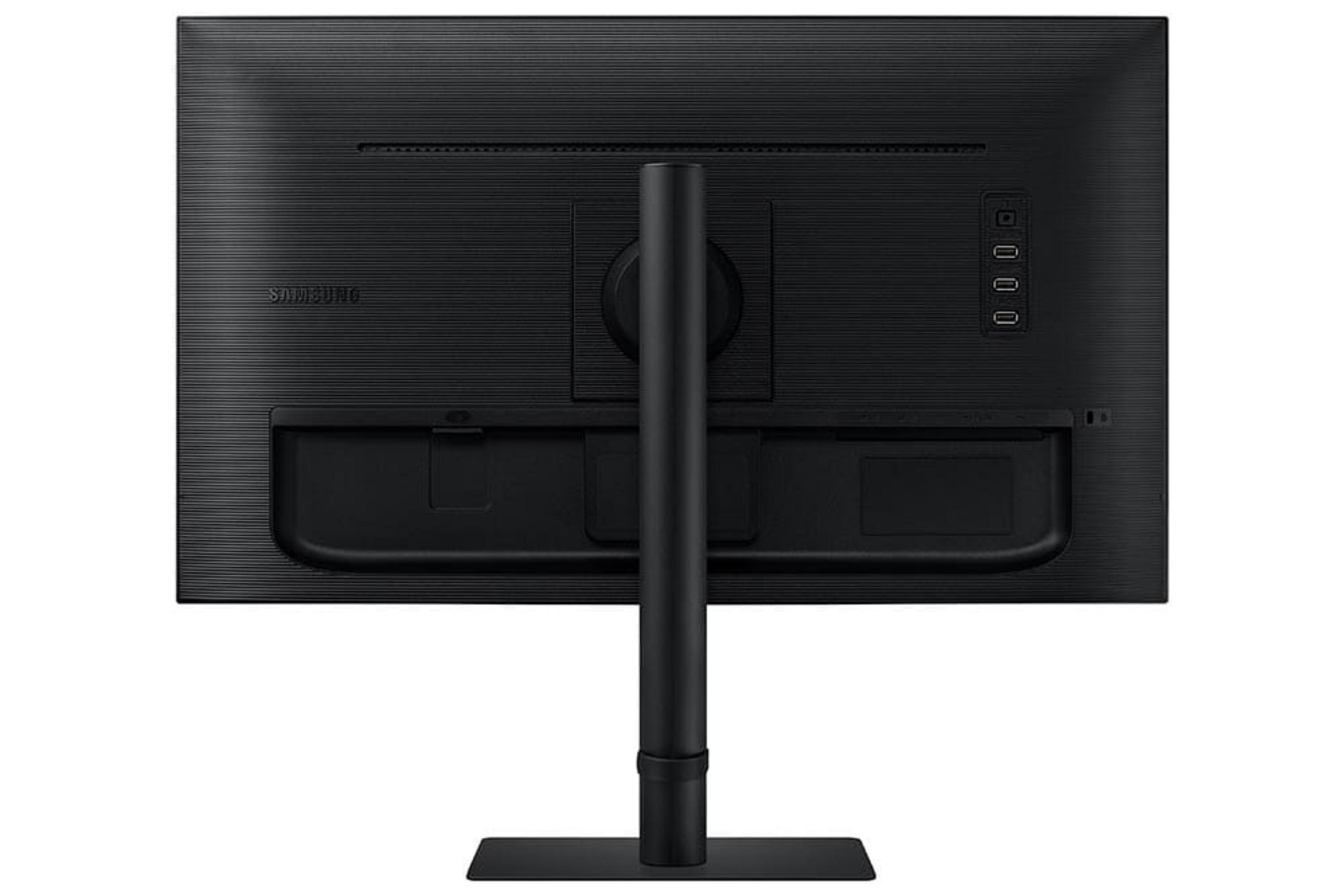 Vista trasera de un monitor Samsung negro con soporte y puertos.