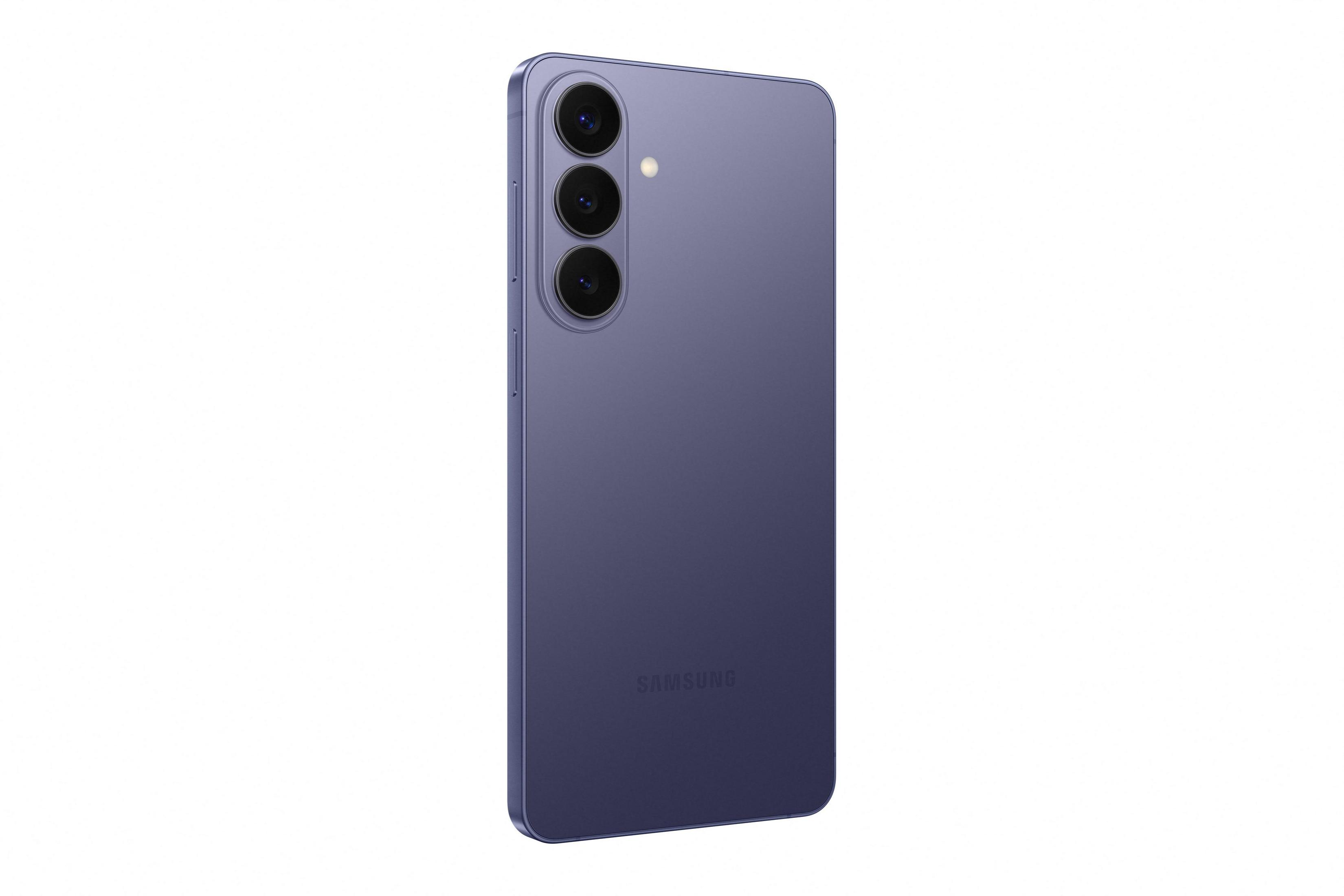 Retro di uno smartphone Samsung viola con tre obiettivi e logo.