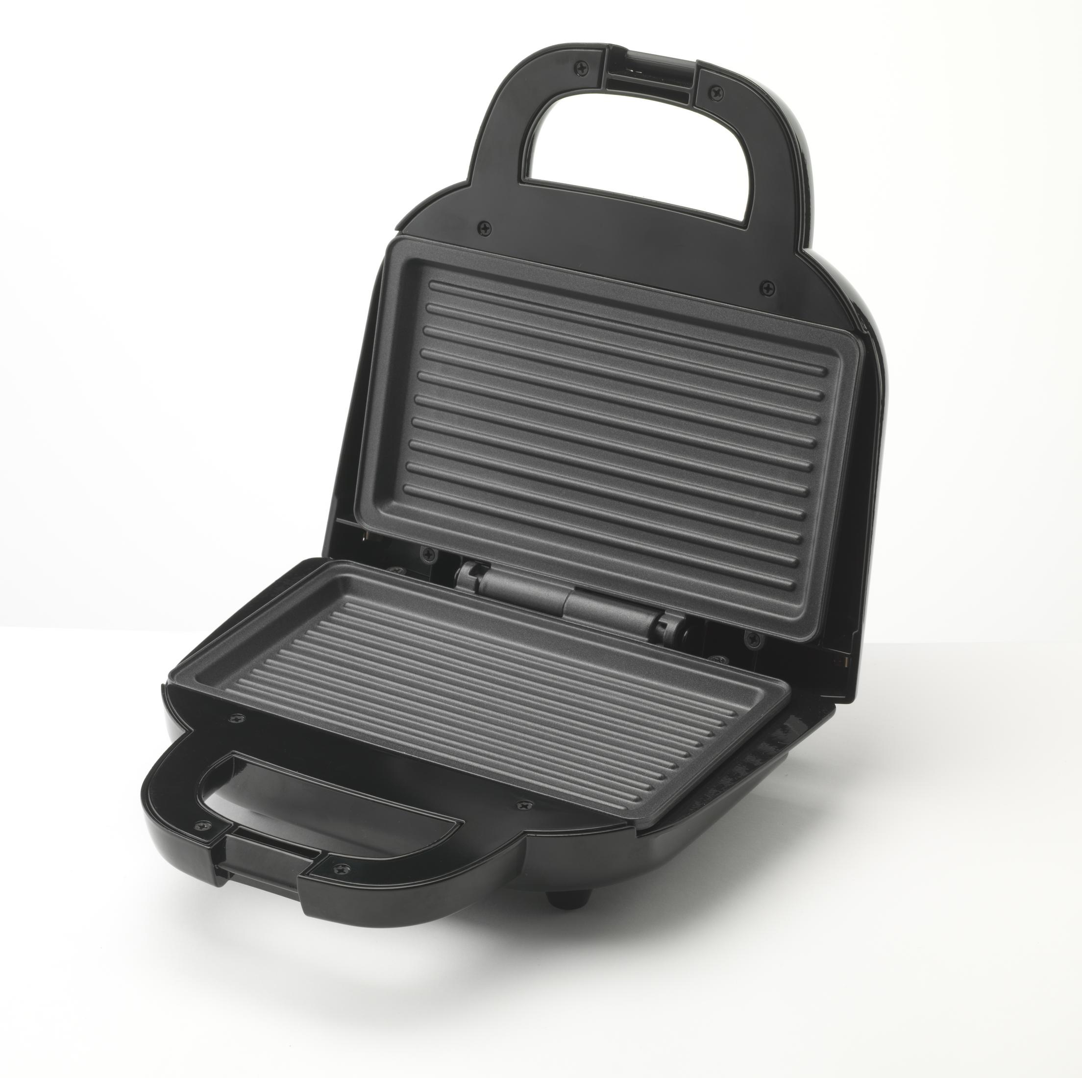 Ein offener schwarzer Kontaktgrill mit gerippten Heizplatten auf weißem Hintergrund.