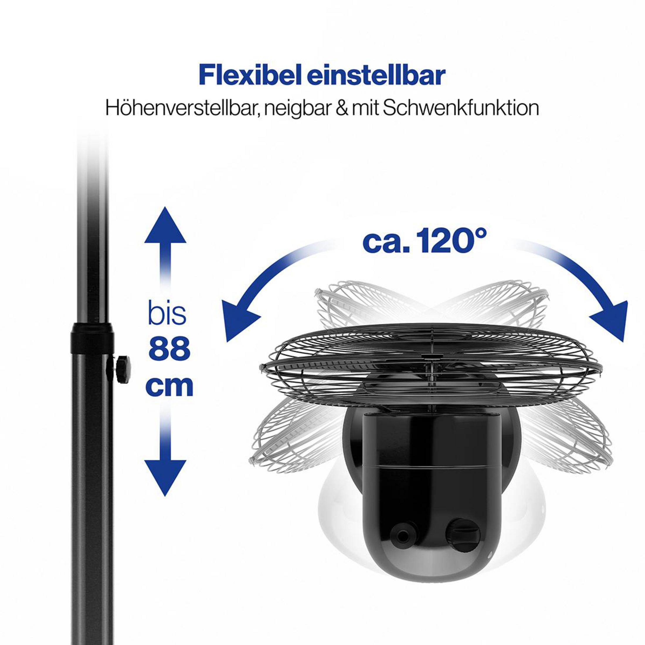 Un ventilatore nero con altezza regolabile fino a 88 cm e angolo di oscillazione di 120°.