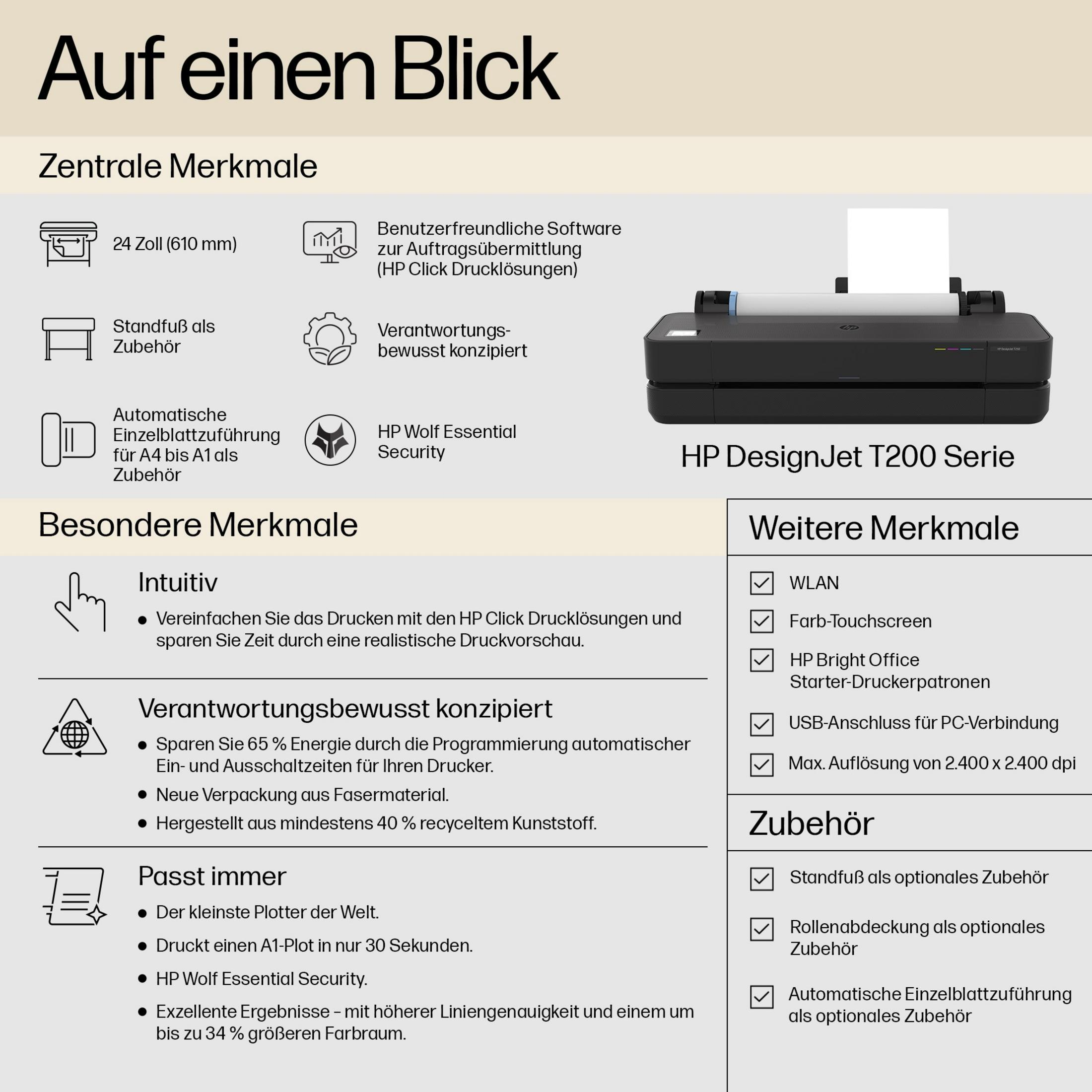 Een HP DesignJet T200 Series plotter met functies en technische details.