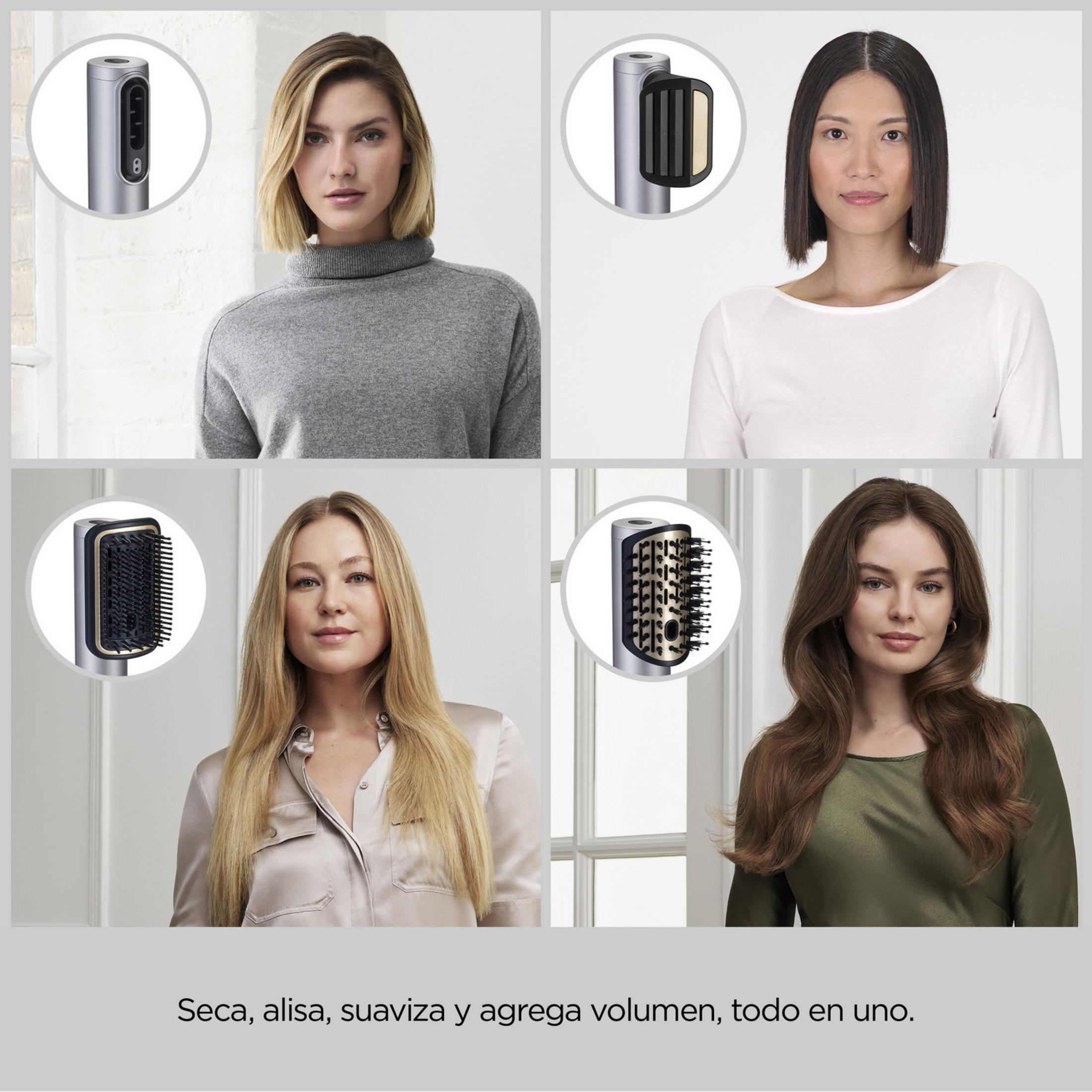 Quattro donne con diverse acconciature, viene mostrato un asciugacapelli.