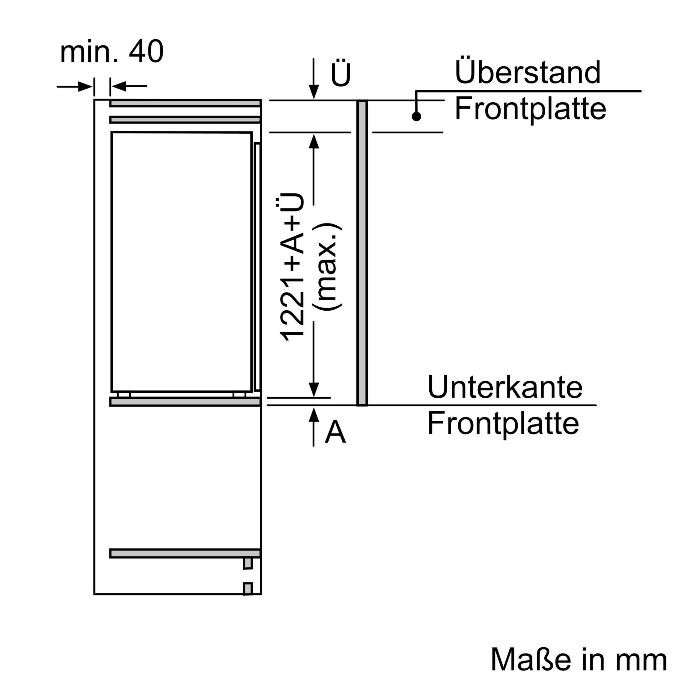 Technische Zeichnung mit Maßen für einen Einbau. Links eine Ansicht mit Mindestabstand 40mm.