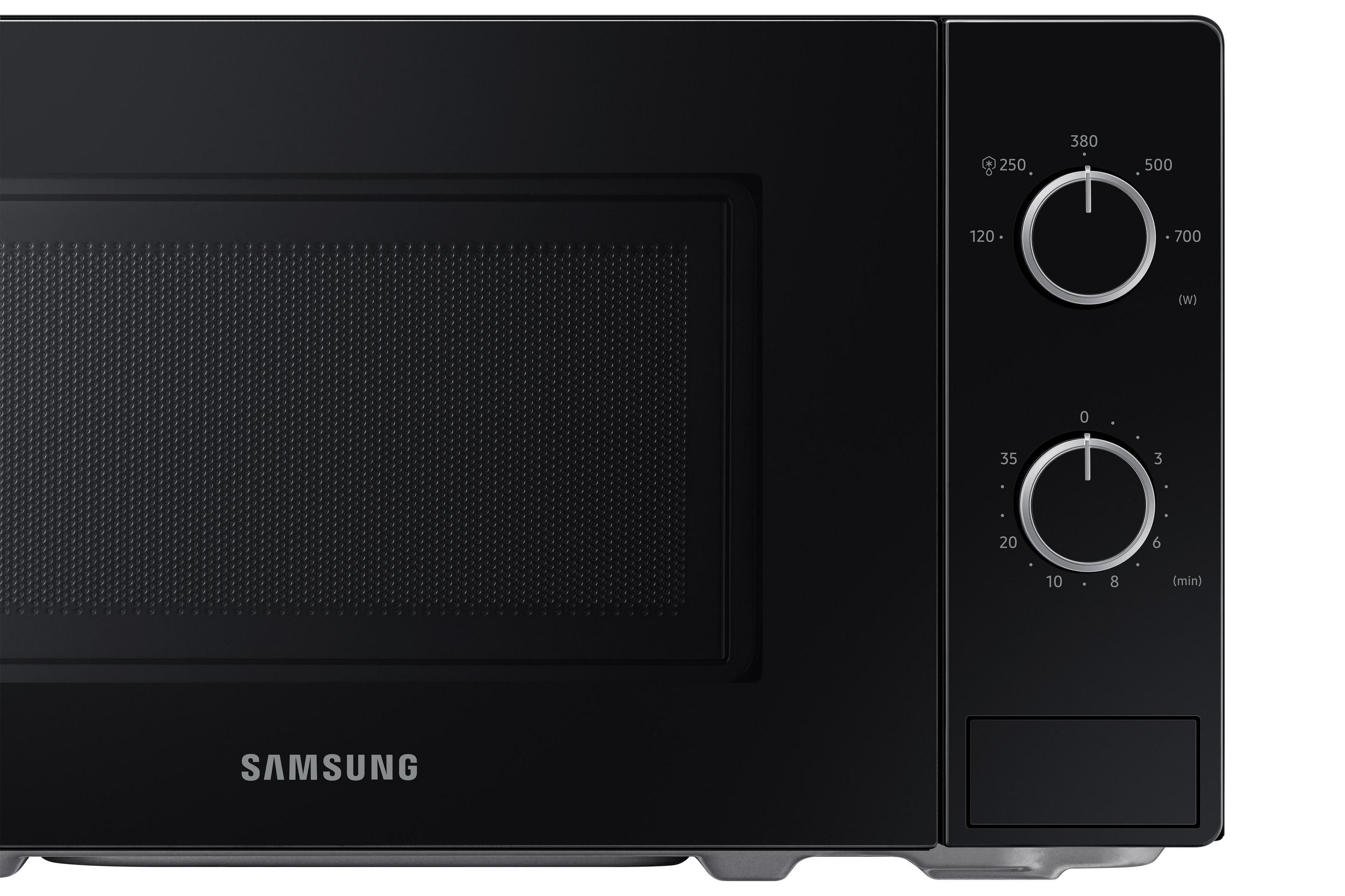 Micro-ondes Samsung noir avec boutons rotatifs pour la puissance et le temps.