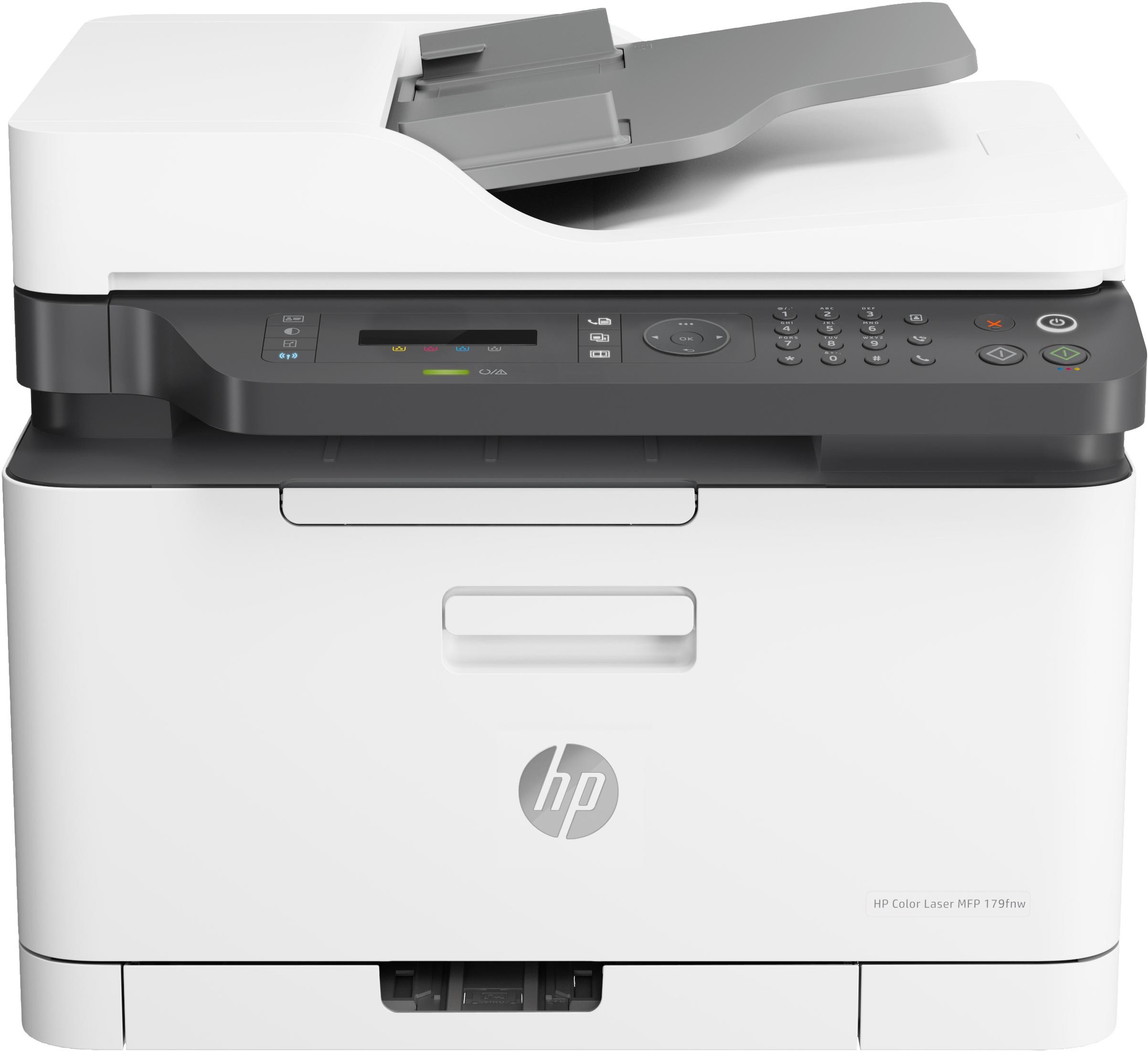 Una impresora HP Color Laser MFP 179fnw blanca con panel de control y escáner.