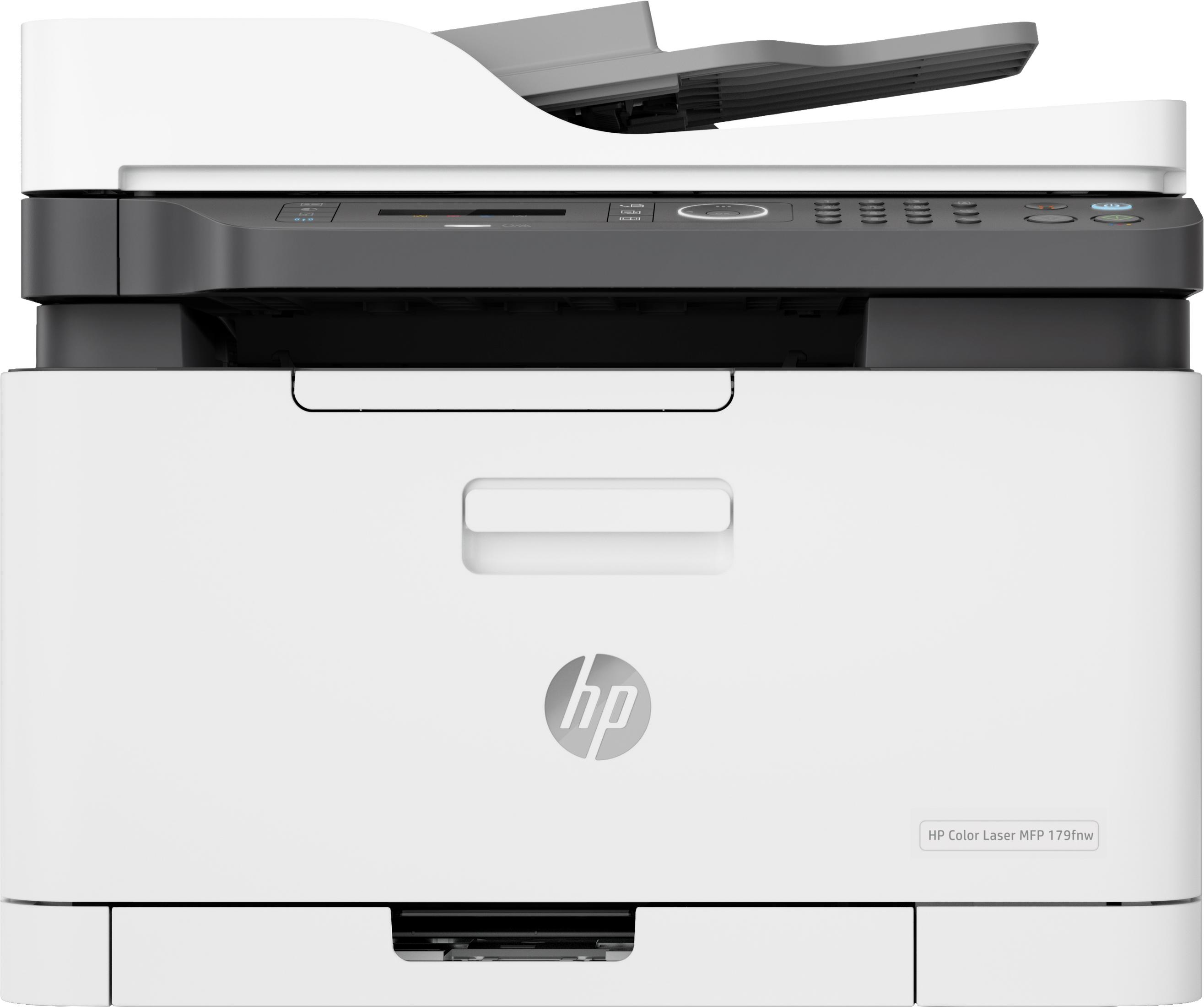 Una impresora HP Color Laser MFP 179fnw blanca con parte superior y escáner negros.
