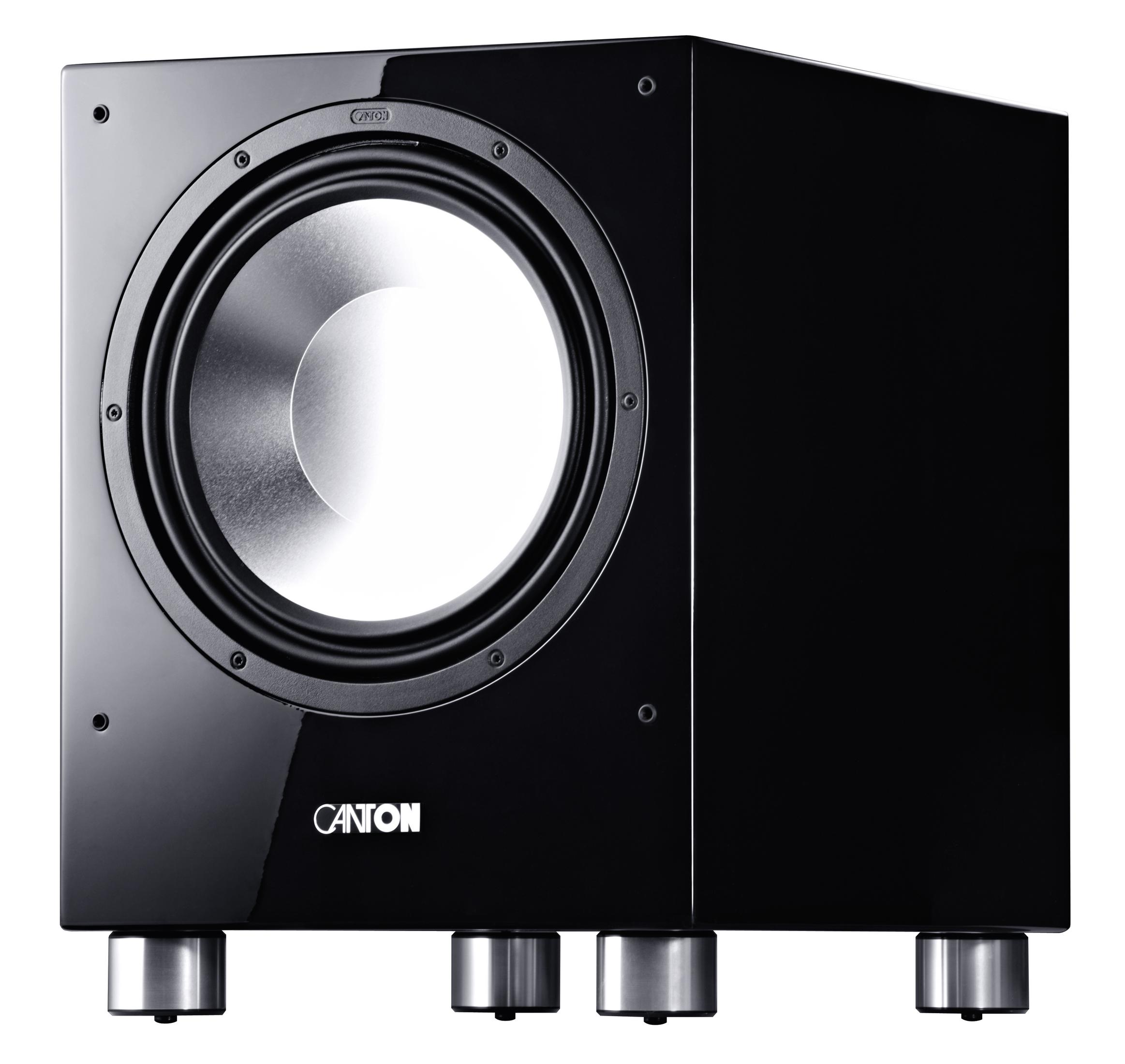 Schwarzer Subwoofer mit silbernem Lautsprecher und vier silbernen Füßen.