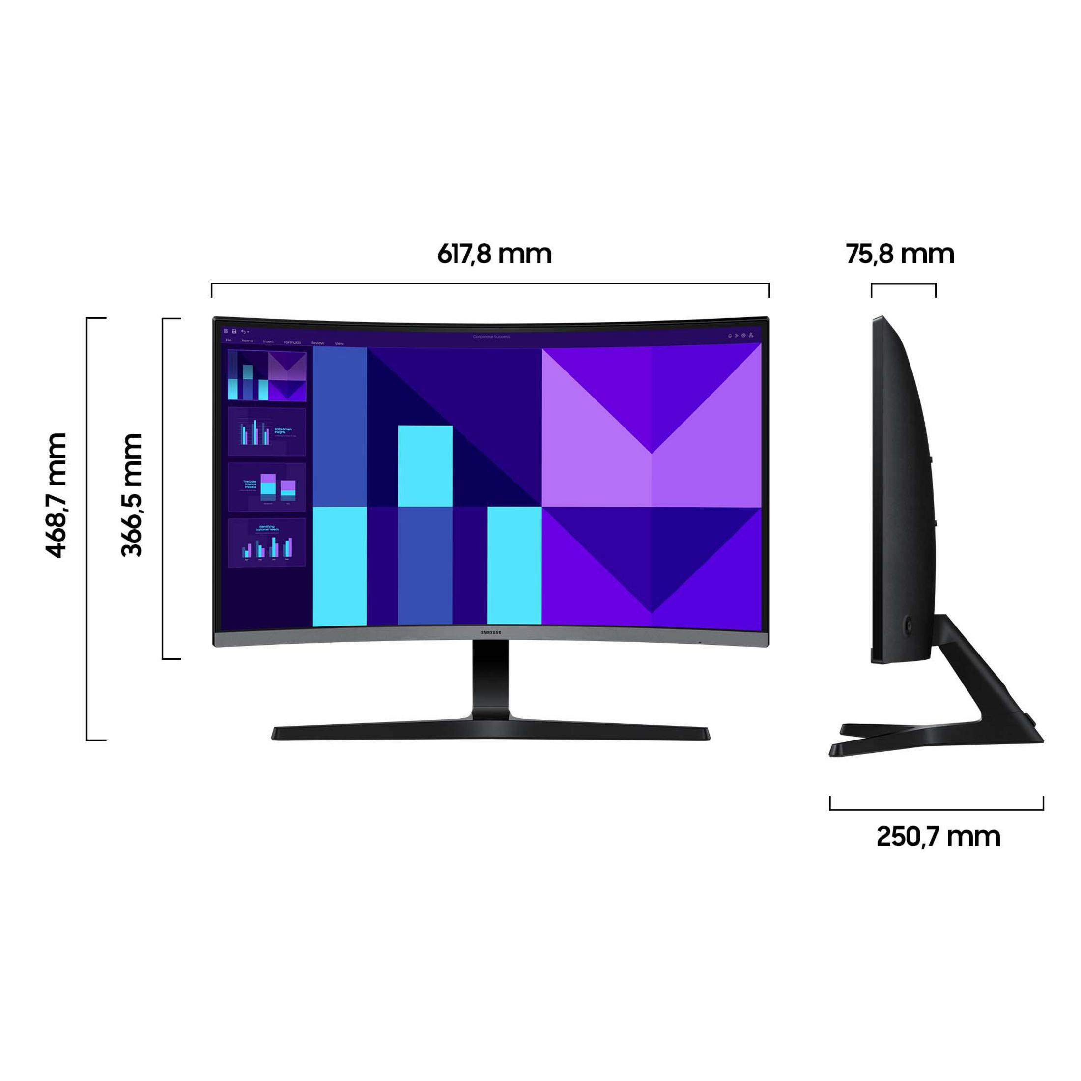Gebogener Samsung Monitor mit angezeigten Abmessungen. Bildschirm zeigt Diagramme und abstrakte Kunst.