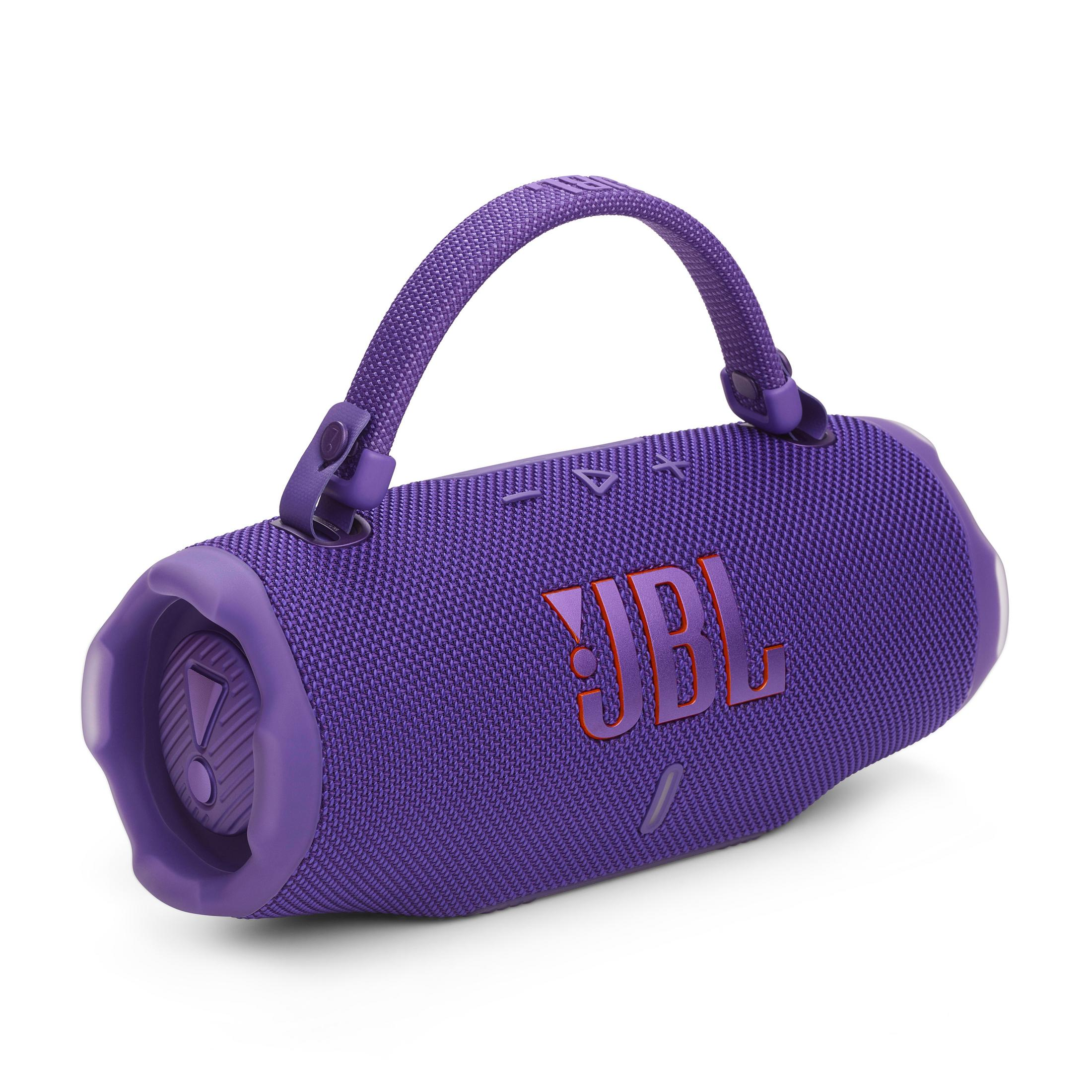 Cassa Bluetooth JBL viola con manico e logo, su sfondo bianco.