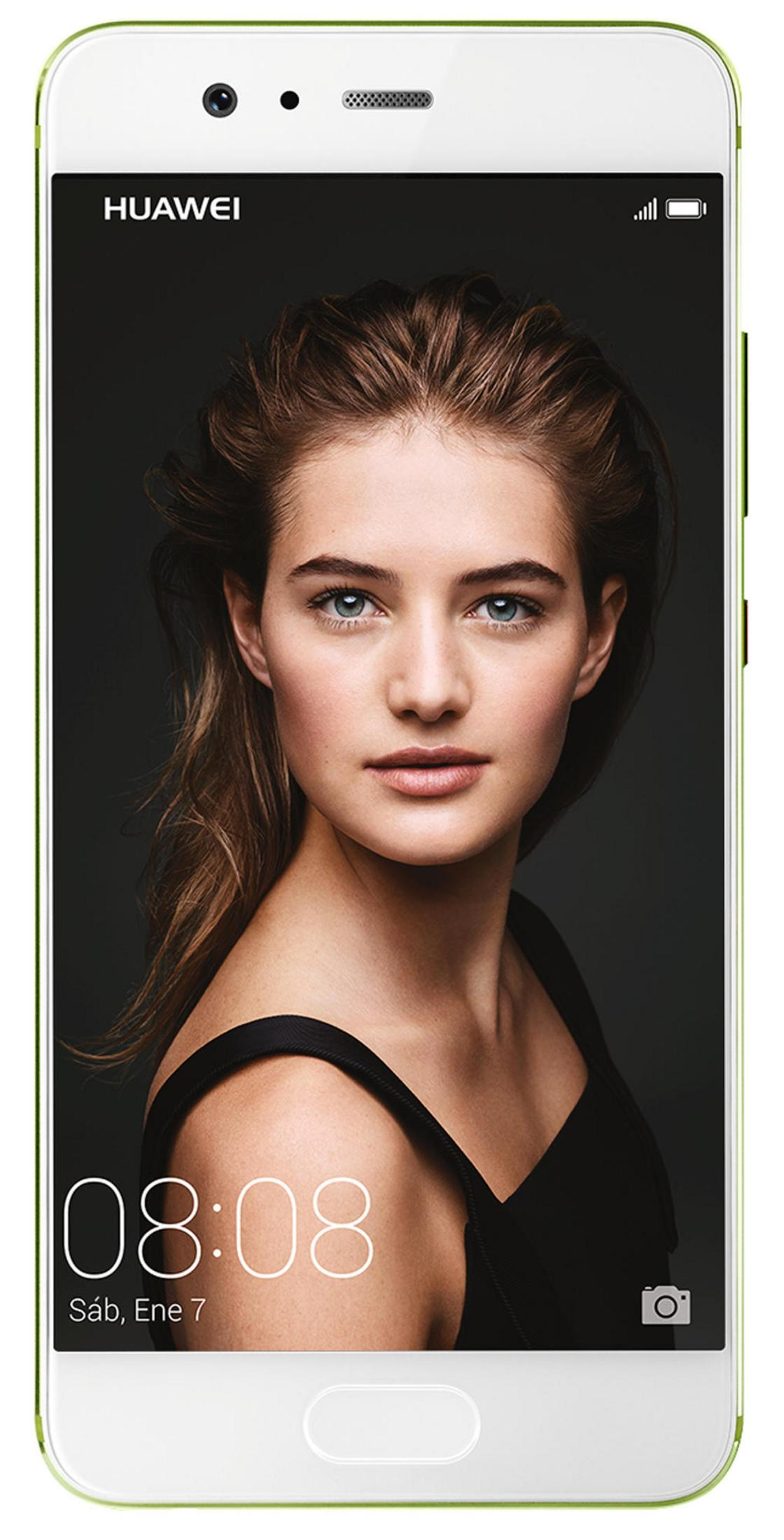 Ein Huawei-Telefon zeigt ein Porträt einer Frau mit blauen Augen und braunen Haaren.