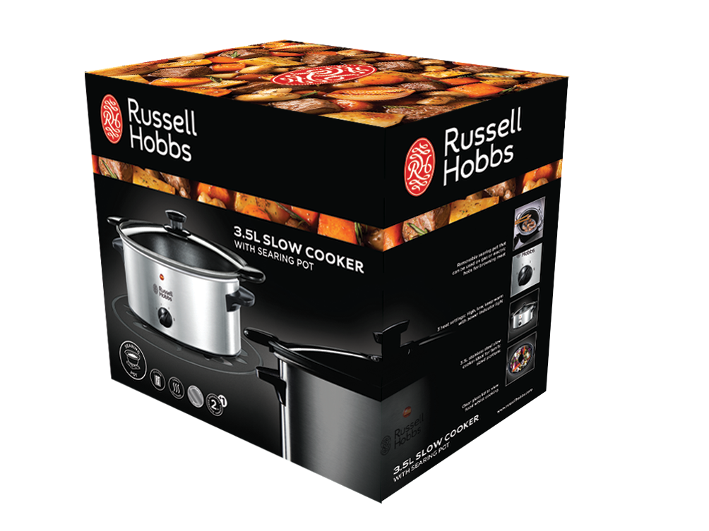 Verpackung eines Russell Hobbs 3,5L Slow Cooker mit Anbrattopf.