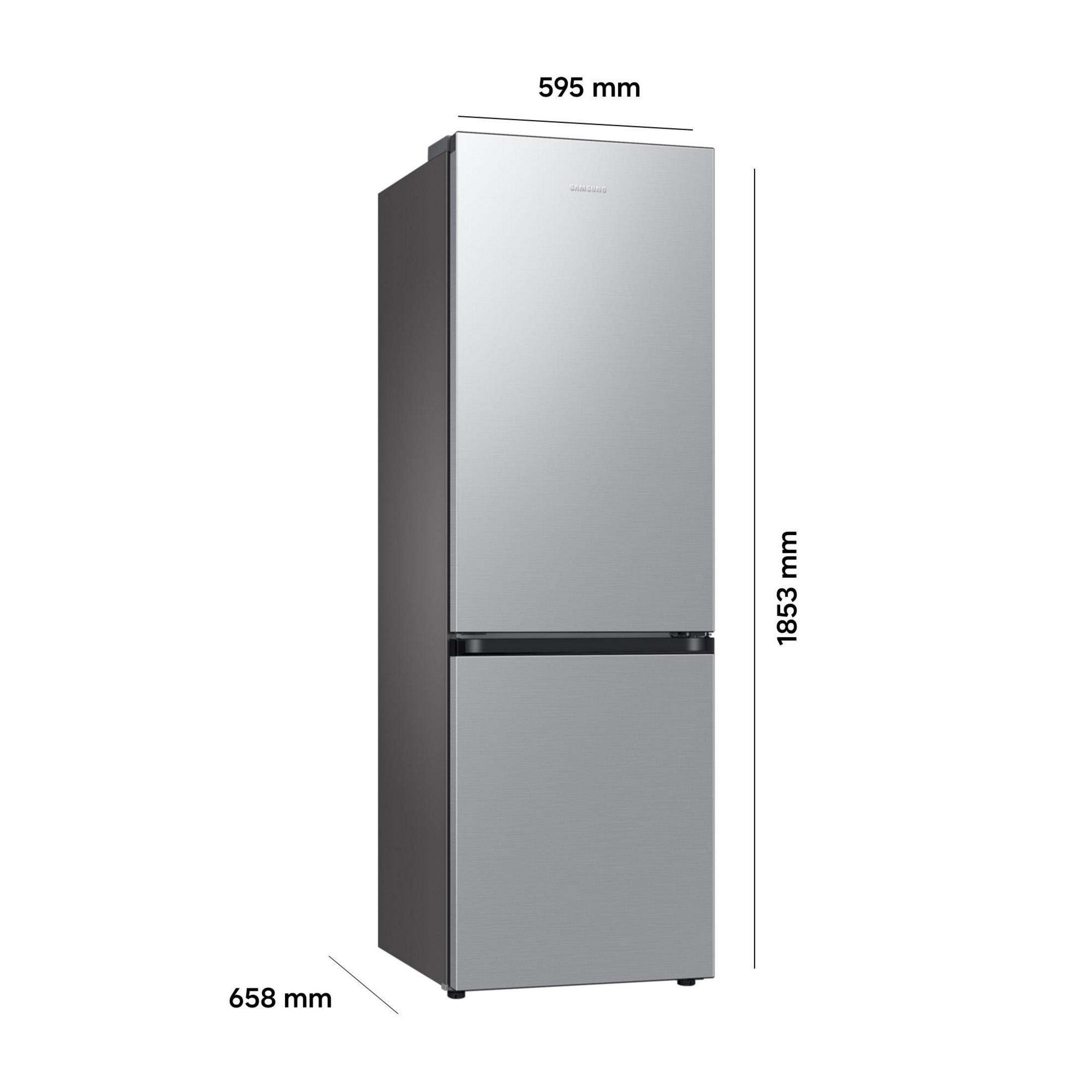Een zilveren Samsung koelkast met twee deuren, 595 mm breed, 1853 mm hoog.