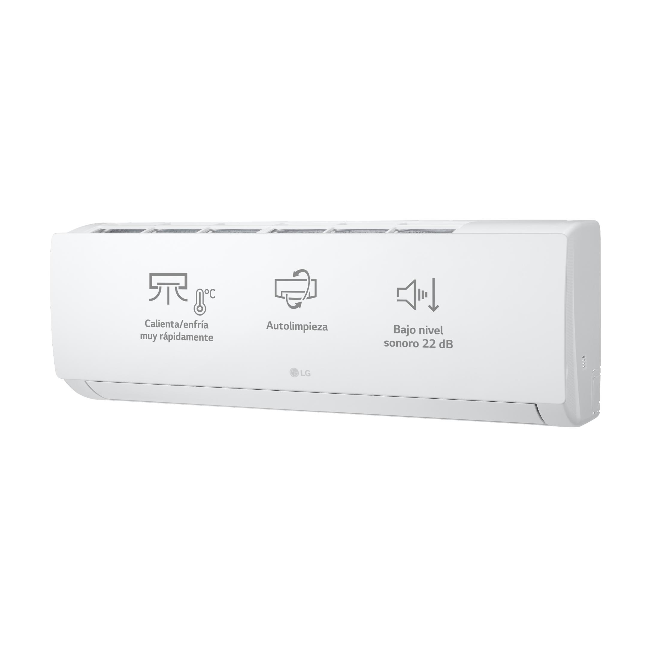 Unidad interior de aire acondicionado LG blanca con iconos de calefacción/refrigeración, autolimpieza y bajo ruido.