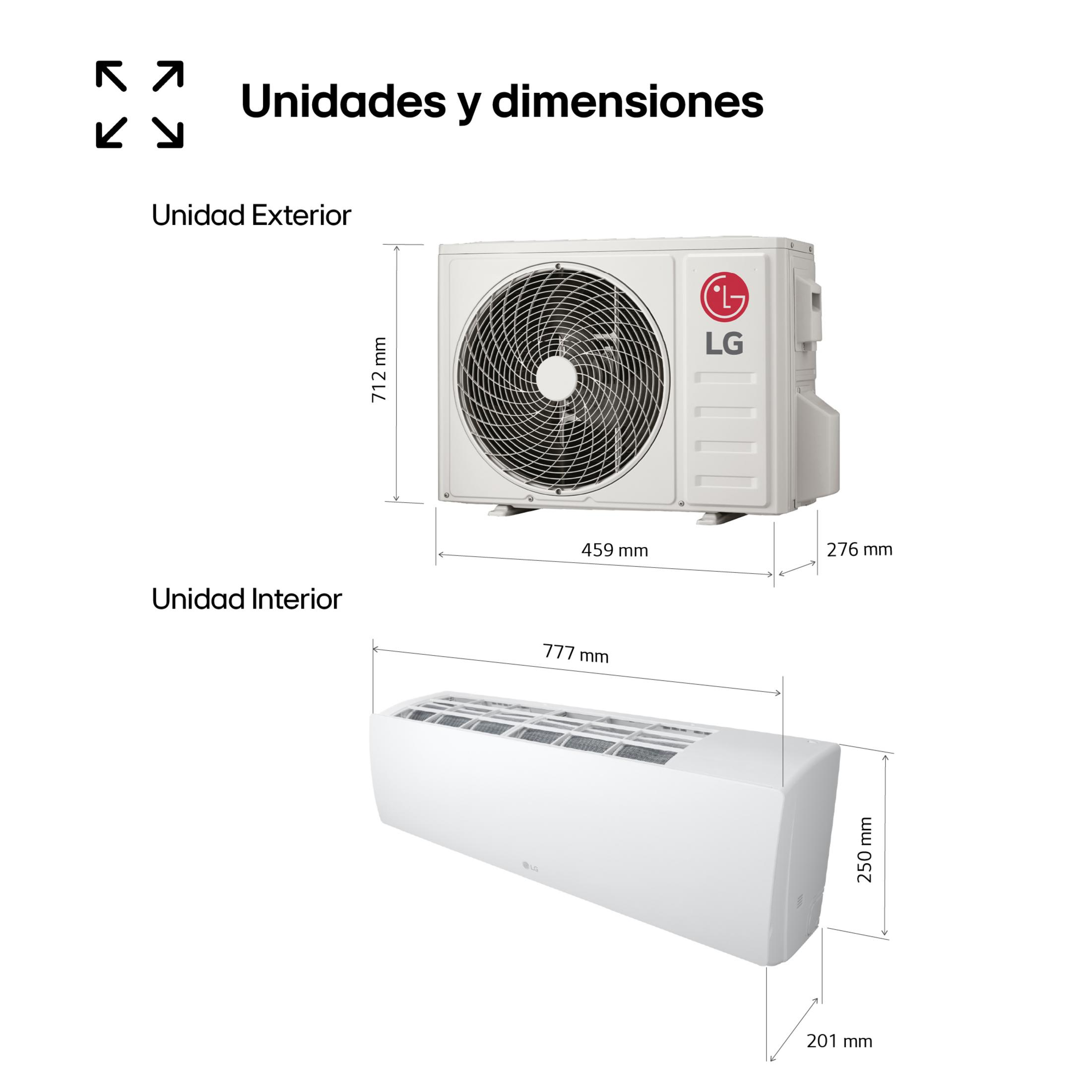 Unidad exterior (712x459x276mm) y unidad interior (777x250x201mm) LG.