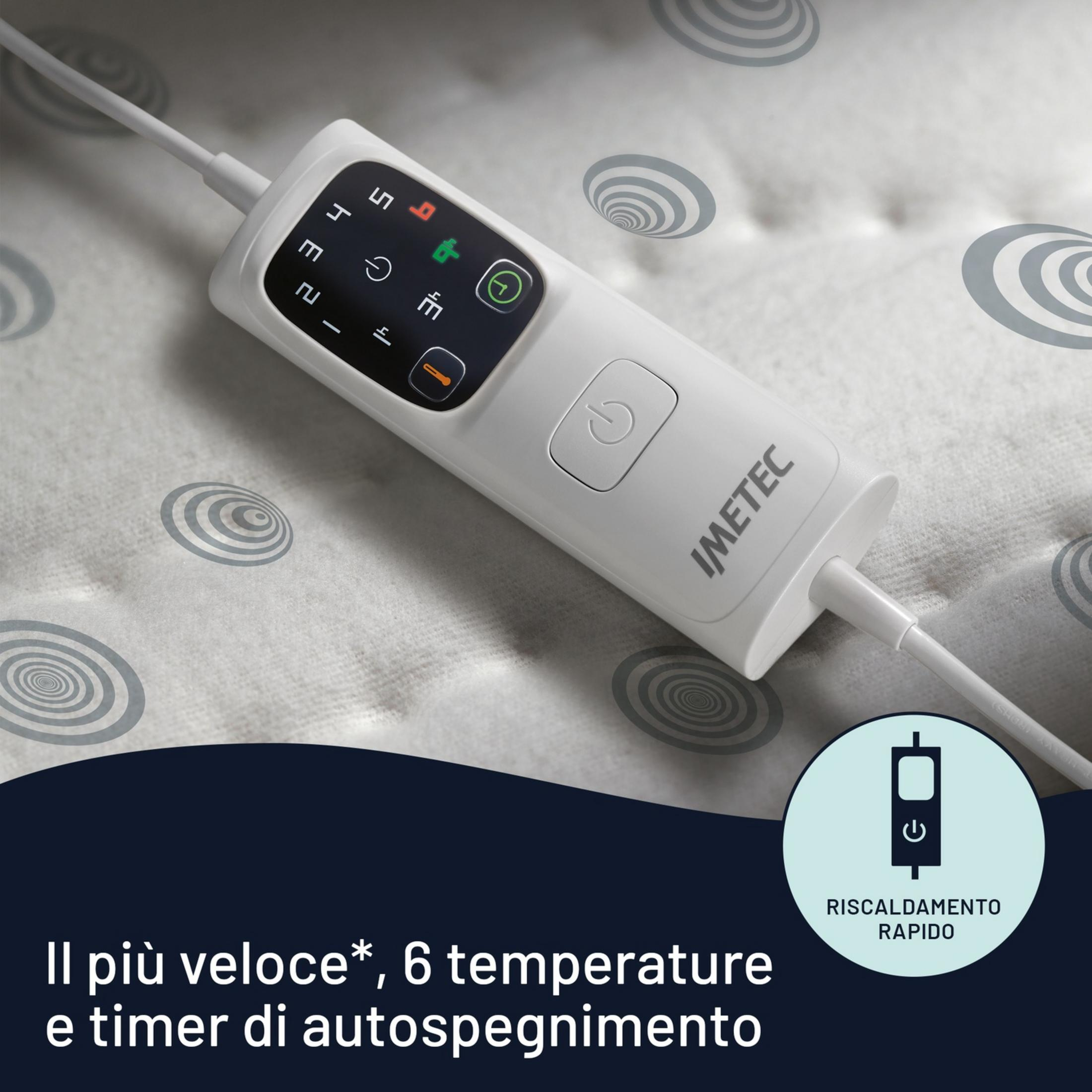 Un controller per coperta termica bianco con impostazioni di temperatura e pulsante di accensione.