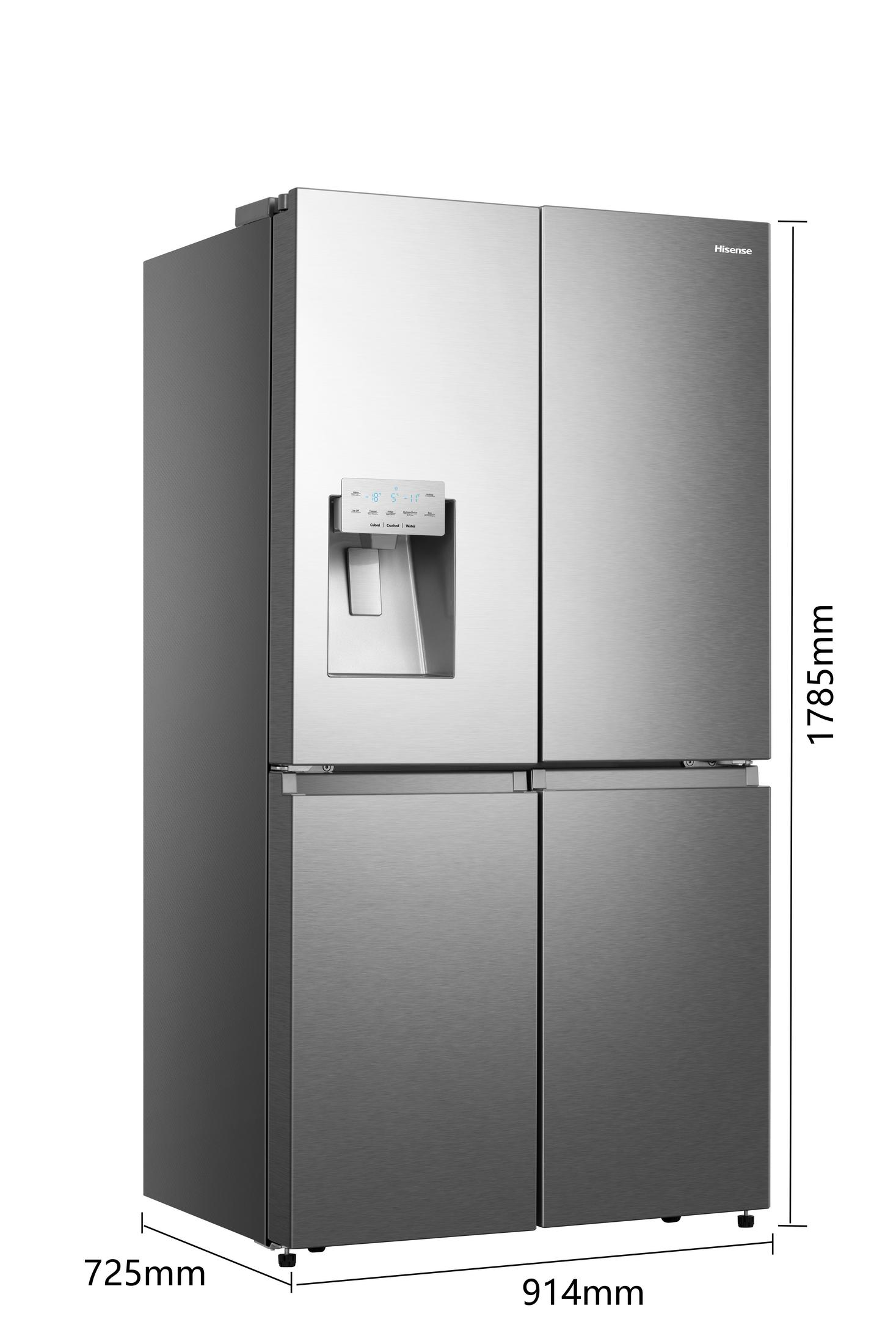 Ein Hisense-Kühlschrank aus Edelstahl mit vier Türen und Wasserspender. Maße angegeben.