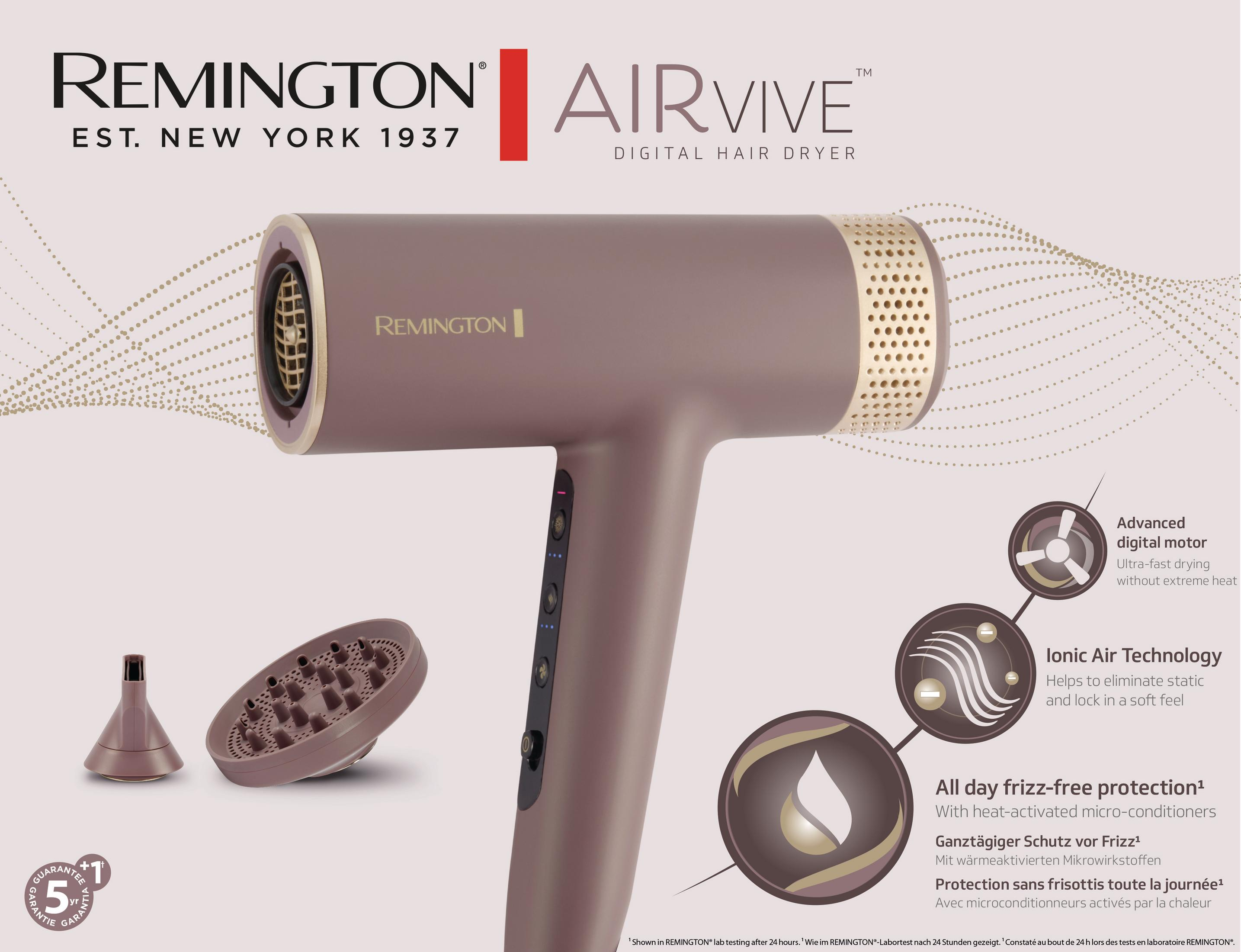 Un secador de pelo Remington Airvive color topo con accesorios y características.