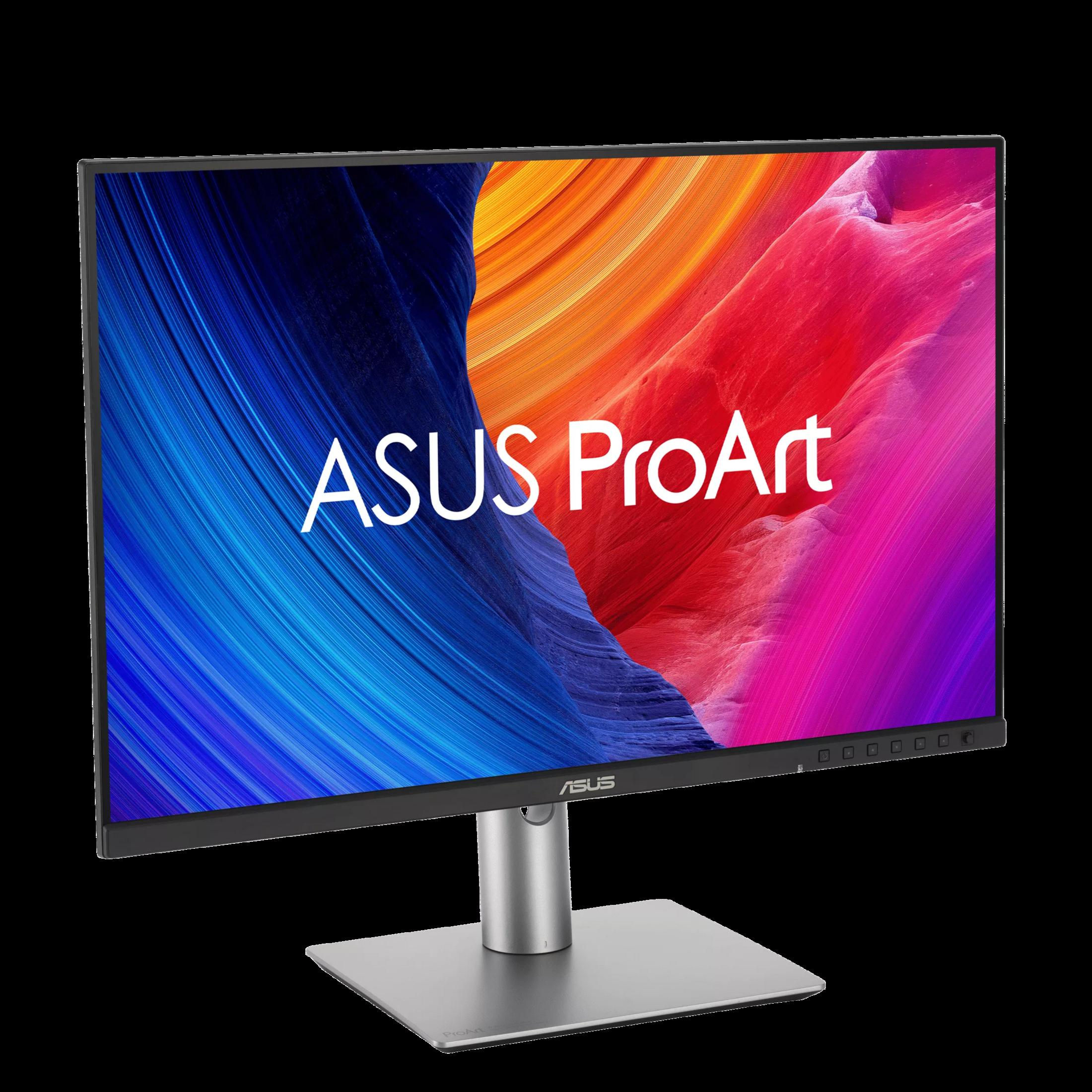 Monitor ASUS ProArt z niebieskim i czerwonym abstrakcyjnym tłem.