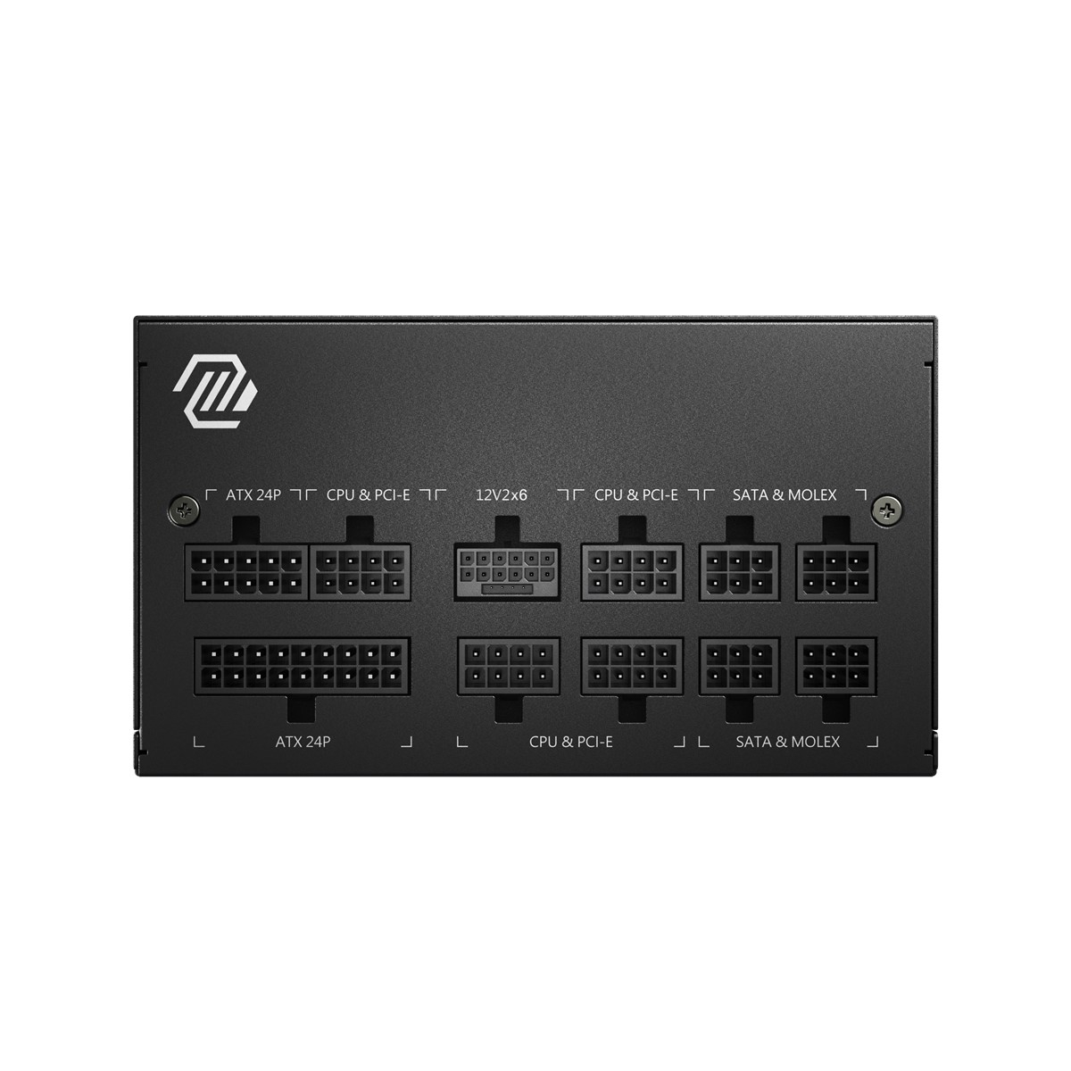 Schwarzes Netzteil mit mehreren Anschlüssen: ATX 24P, CPU & PCI-E, 12V2x6, SATA & MOLEX.
