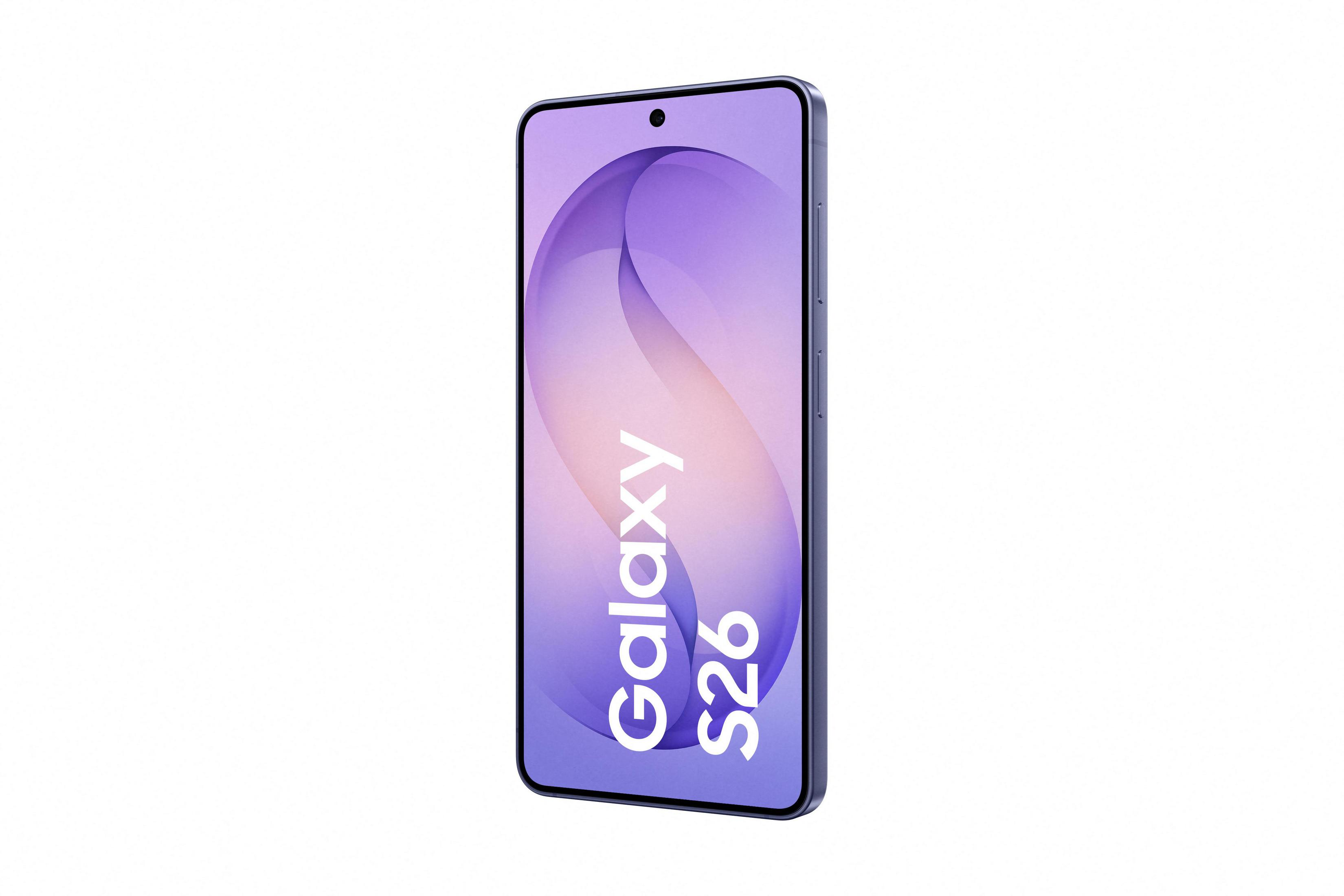 Ein blaues Smartphone mit dem Aufdruck Galaxy S26 auf dem Bildschirm.