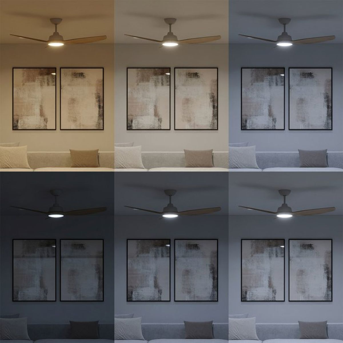 Un soggiorno con ventilatore a soffitto e arte sul muro in varie condizioni di luce.