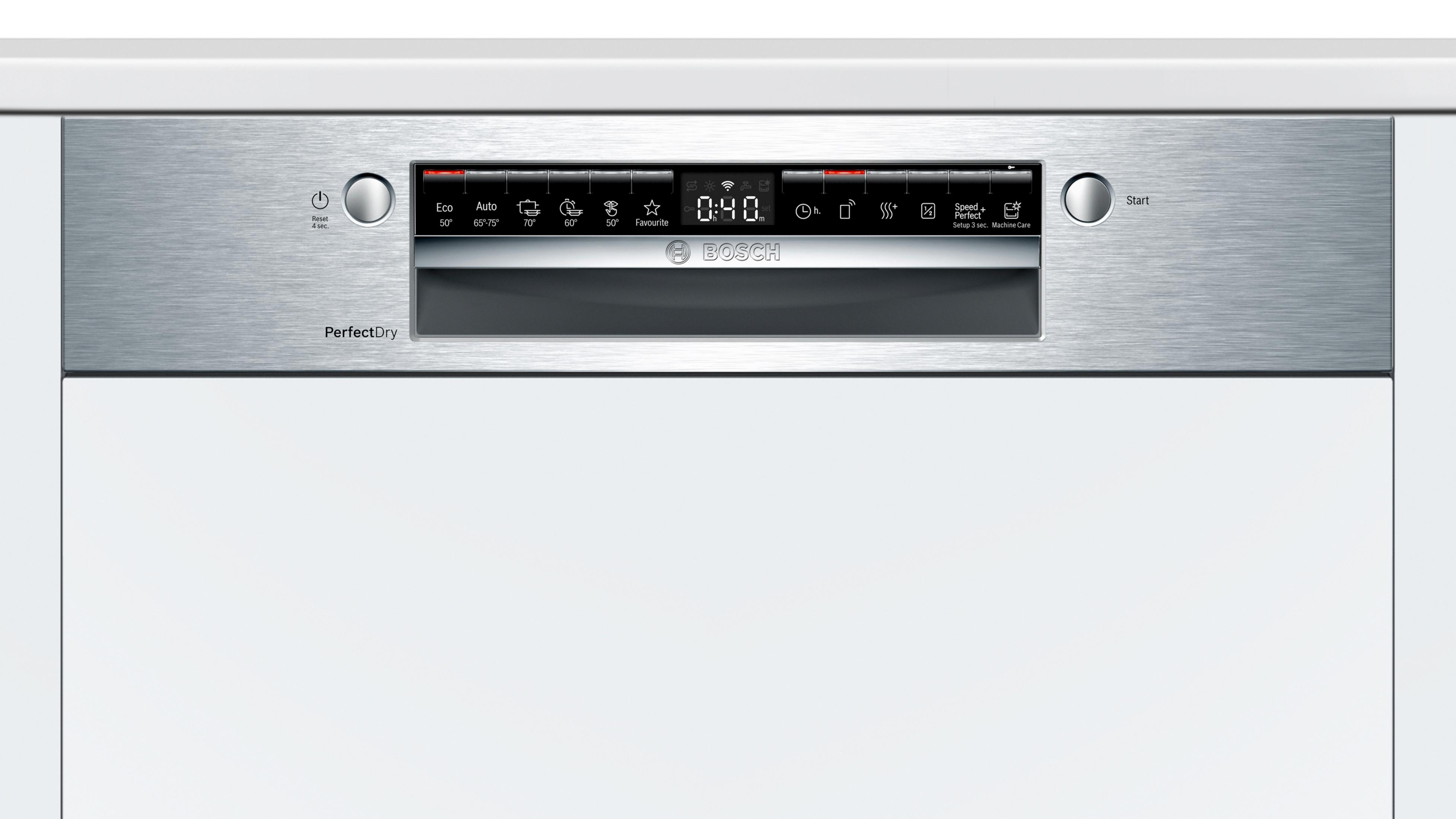 The front of a silver Bosch dishwasher with digital controls and display.