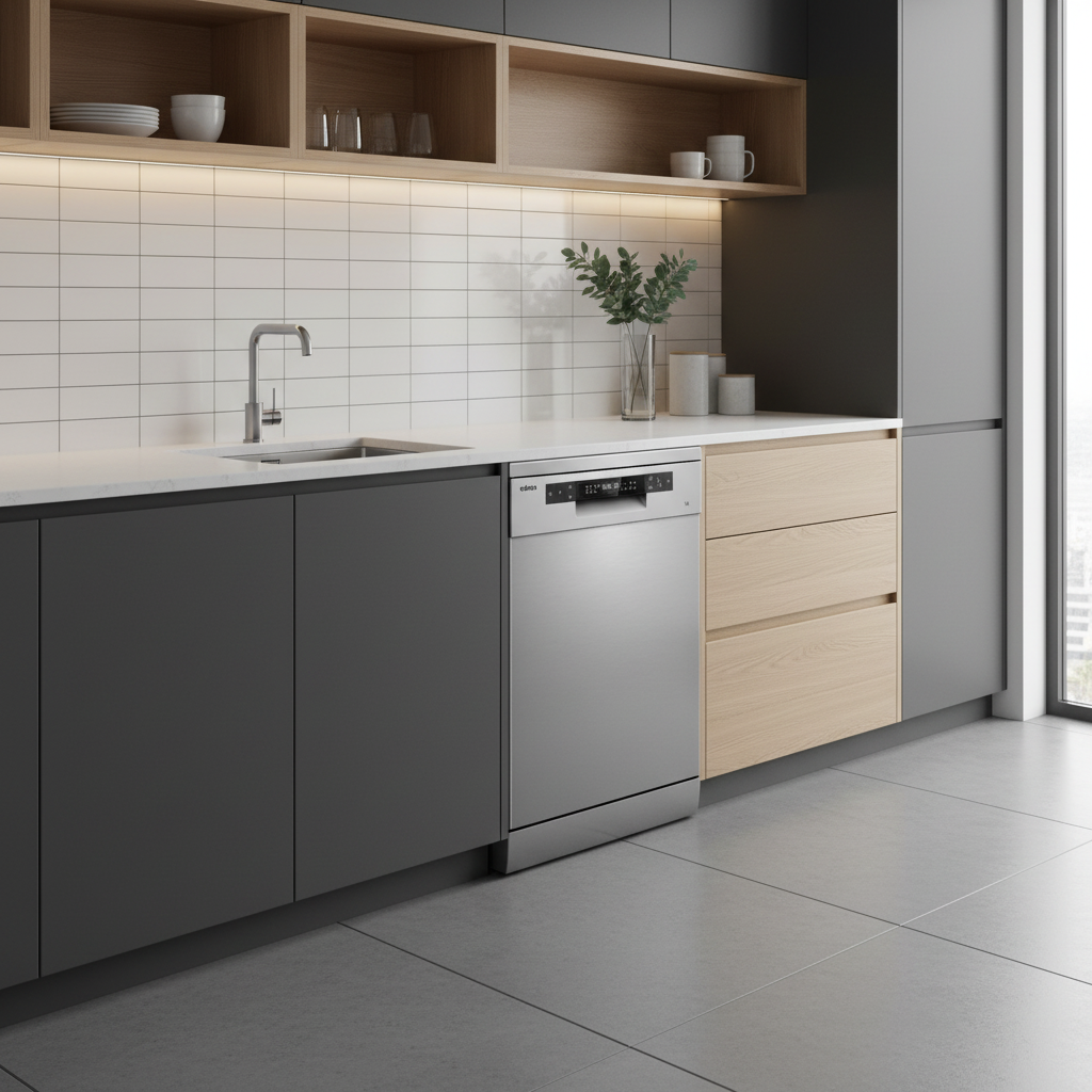 Cocina moderna con lavavajillas, fregadero, grifo, salpicadero de azulejos blancos y armarios de madera.