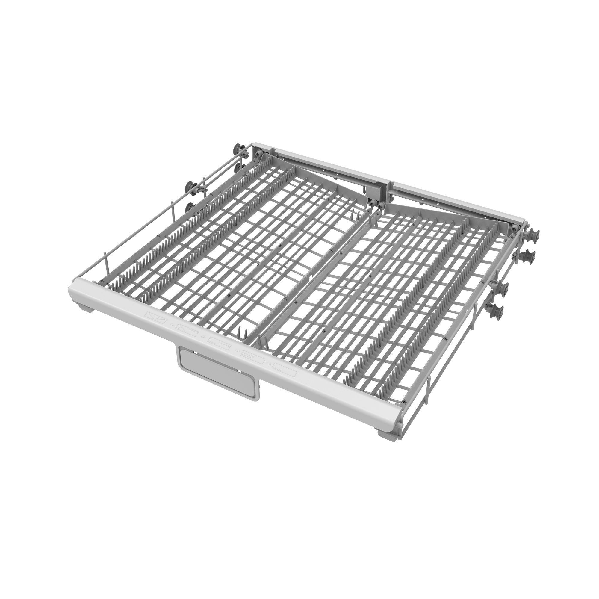 Un cesto de lavavajillas gris con ruedas y varillas para sostener platos.
